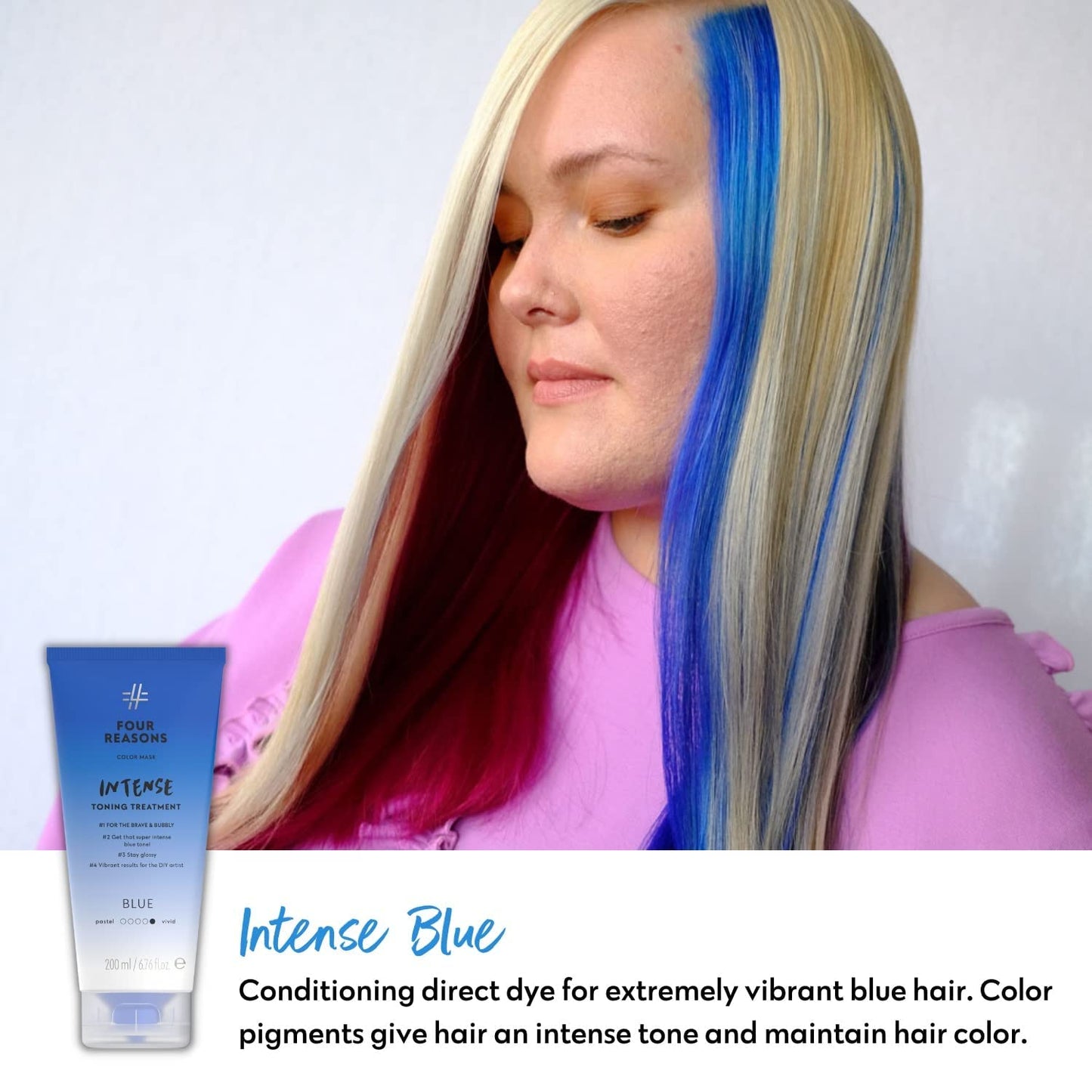 Four Reasons Color Mask INTENSE- Blue – (27 Colors) Intensive Toning Treatment - Color DepositingConditioner – Semi Permanent Hair Dye for Lightened and Colored Hair– 100% Vegan, 6.76 fl oz