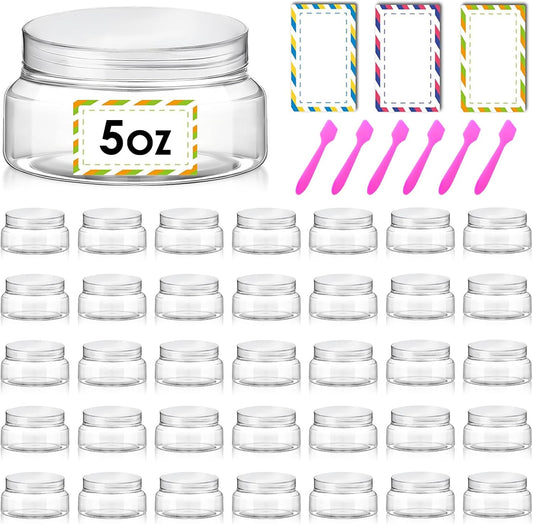 36 Pack 5 oz Plastic Cosmetic Containers With Lids Refillable Clear Empty Travle Jars Containers for Body Butter,Sugar Scrubs,Cream,Lotions,Candy, Waterproof Label&Spatulas - (Clear Lid)