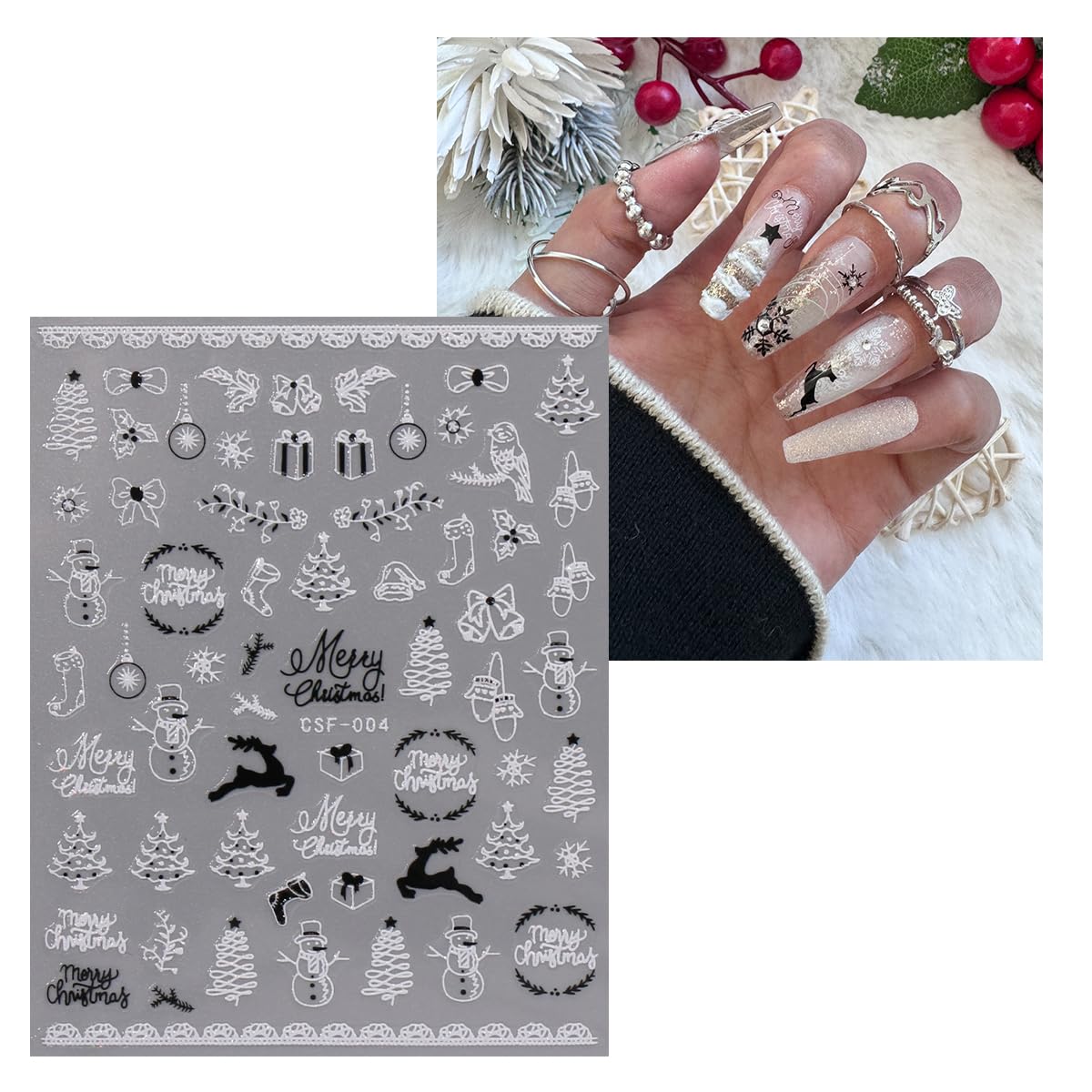 JMEOWIO 9 Sheets Christmas Glitter Nail Art Stickers Decals Self-Adhesive White Black Nail Supplies Nail Art Design Decoration Accessories