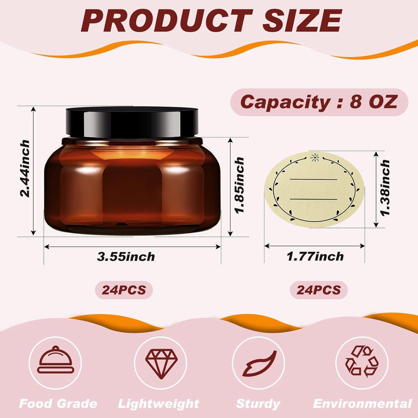 Tessco 24 Pack Plastic Jars with Lids Labels Empty Clear Plastic Jars Round Refillable Cosmetic Containers Body Butter Containers Bulk Sugar Scrub Bottle for Make Up(8 oz,Brown)