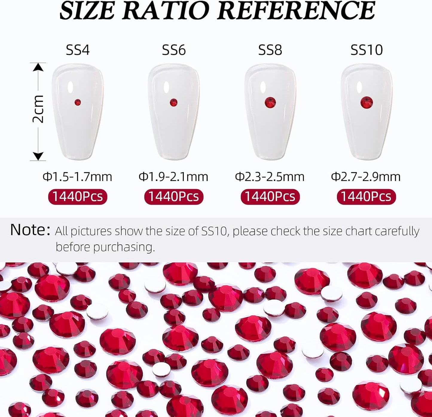 Siam Flatback Rhinestones, Glass Rhinestones for Nail Art and Craft, Glue Fix, Loose Crystal Gemstones(Siam, SS6, 1440pcs, 1.9-2.0mm)