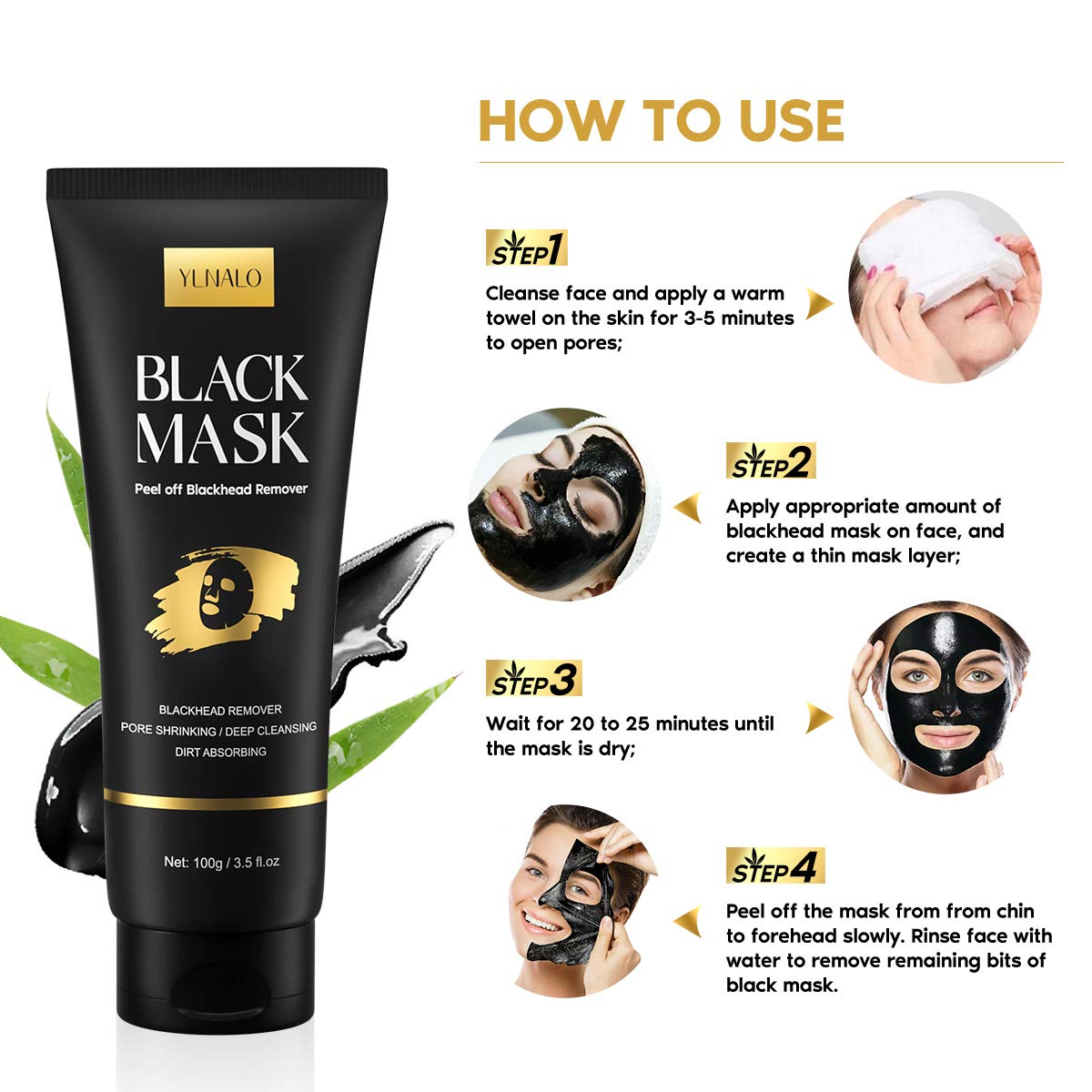 YLNALO Blackhead Remover Mask Kit, Charcoal Peel Off Facial Mask with Brush and Pimple Extractors, Deep Cleansing for Face Nose Blackhead Pores Acne, For All Skin Types (3.5 Fl.oz)