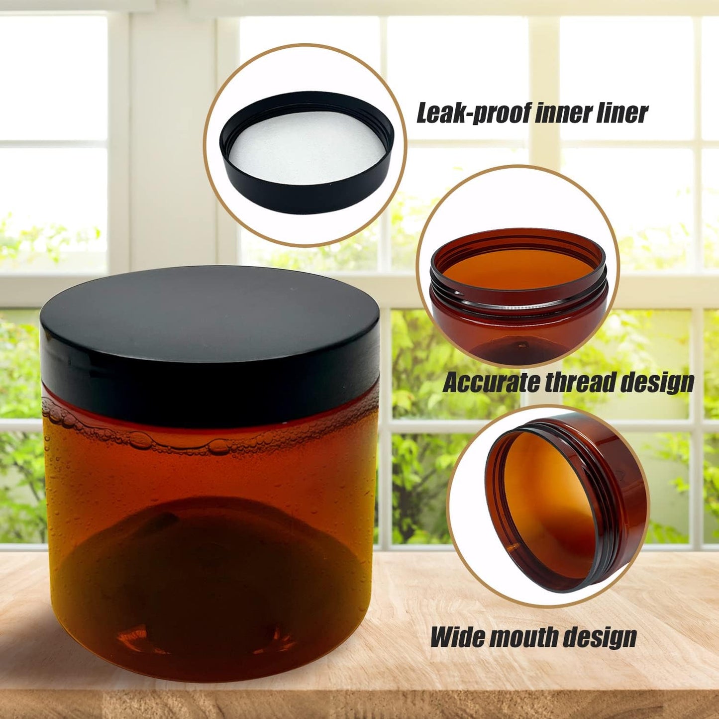 12 oz Amber Plastic Cosmetic Jars Leak Proof Container with Black Lid for Cream, Lotion, Powder, ointment, Beauty Products etc, 6 Pcs.