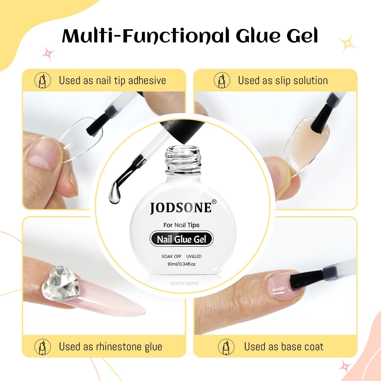 JODSONE 3Pcs 10ml Top and Base Coat Nail Glue Gel Set No Wipe for Long Lasting Manicures Nail Glue Gel for Securely Attaching False Nails and Decorations Requires U V Lamp Curing