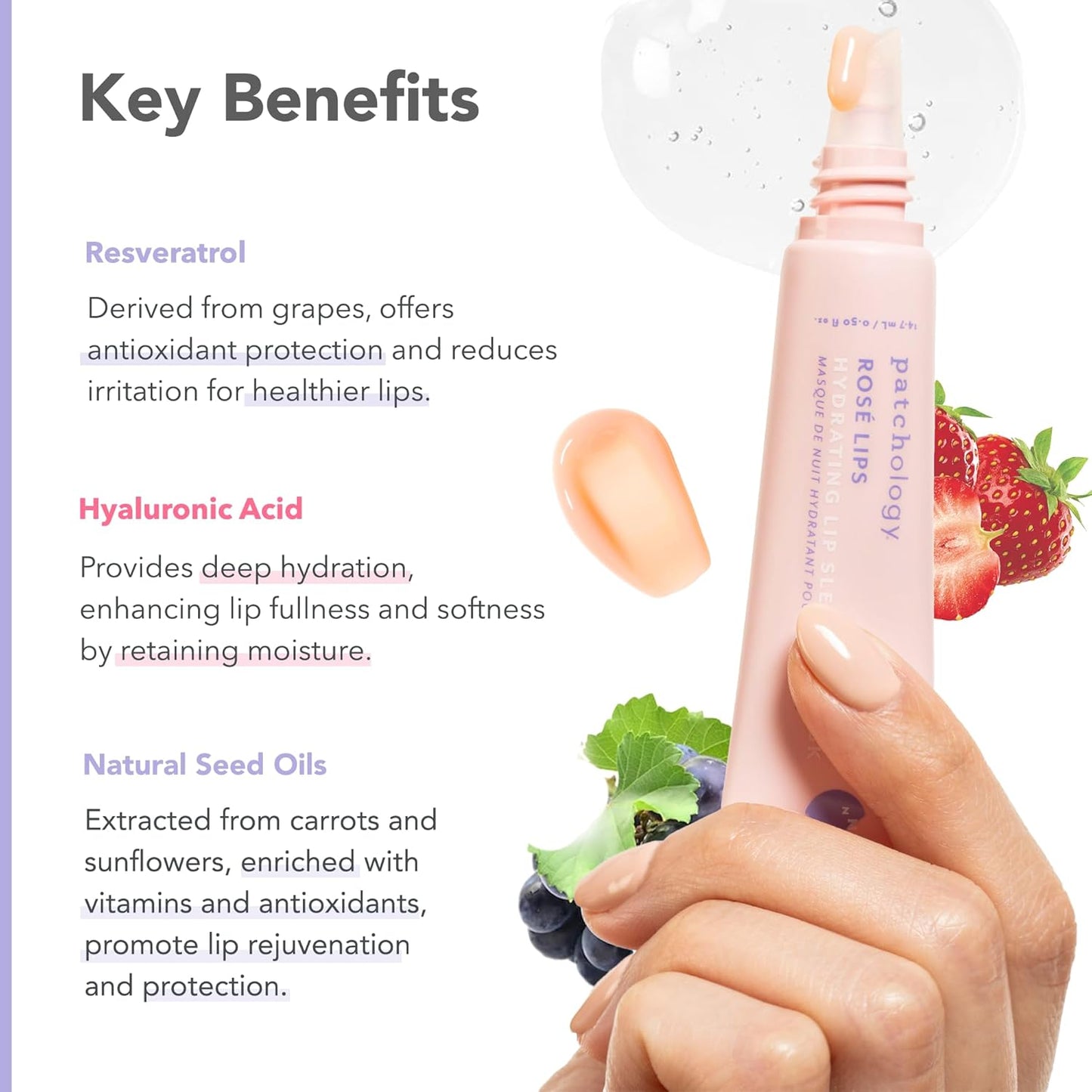 Patchology Rosé Lip Sleeping Mask - Overnight Lip Mask with Hyaluronic Acid and Resveratrol - Hydrating and Repairing Lip Gloss Treatment softens and heals dry cracked lips (14.7 ml)