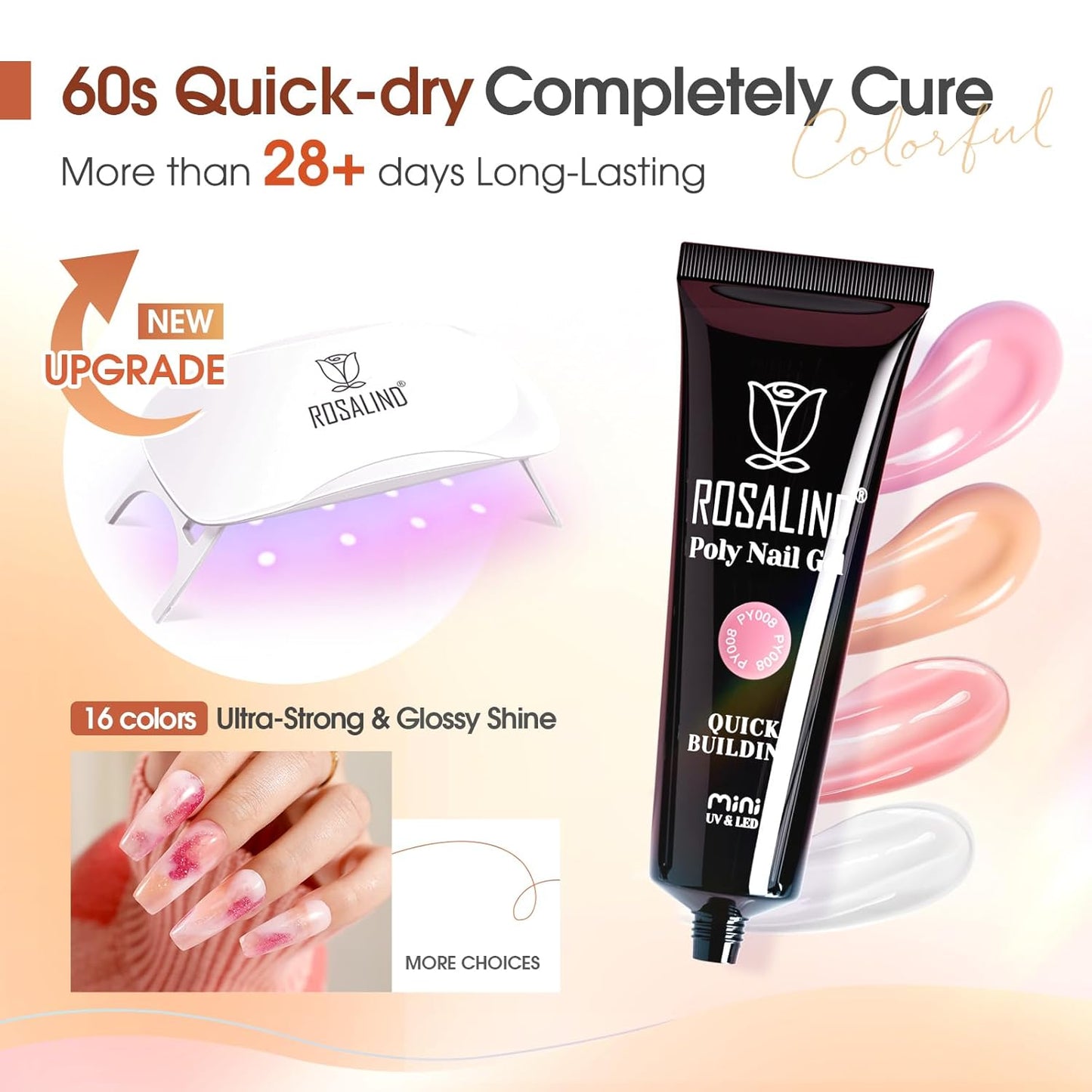 ROSALIND Poly Nail Gel Kit -16 Colors + White Brown Nail Art Accessories kit Clear Nude Poly Nails Gel Kit Starter Kit With Slip Solution Nude Pink Nail Extensions Gel Set with Mini UV Lamp