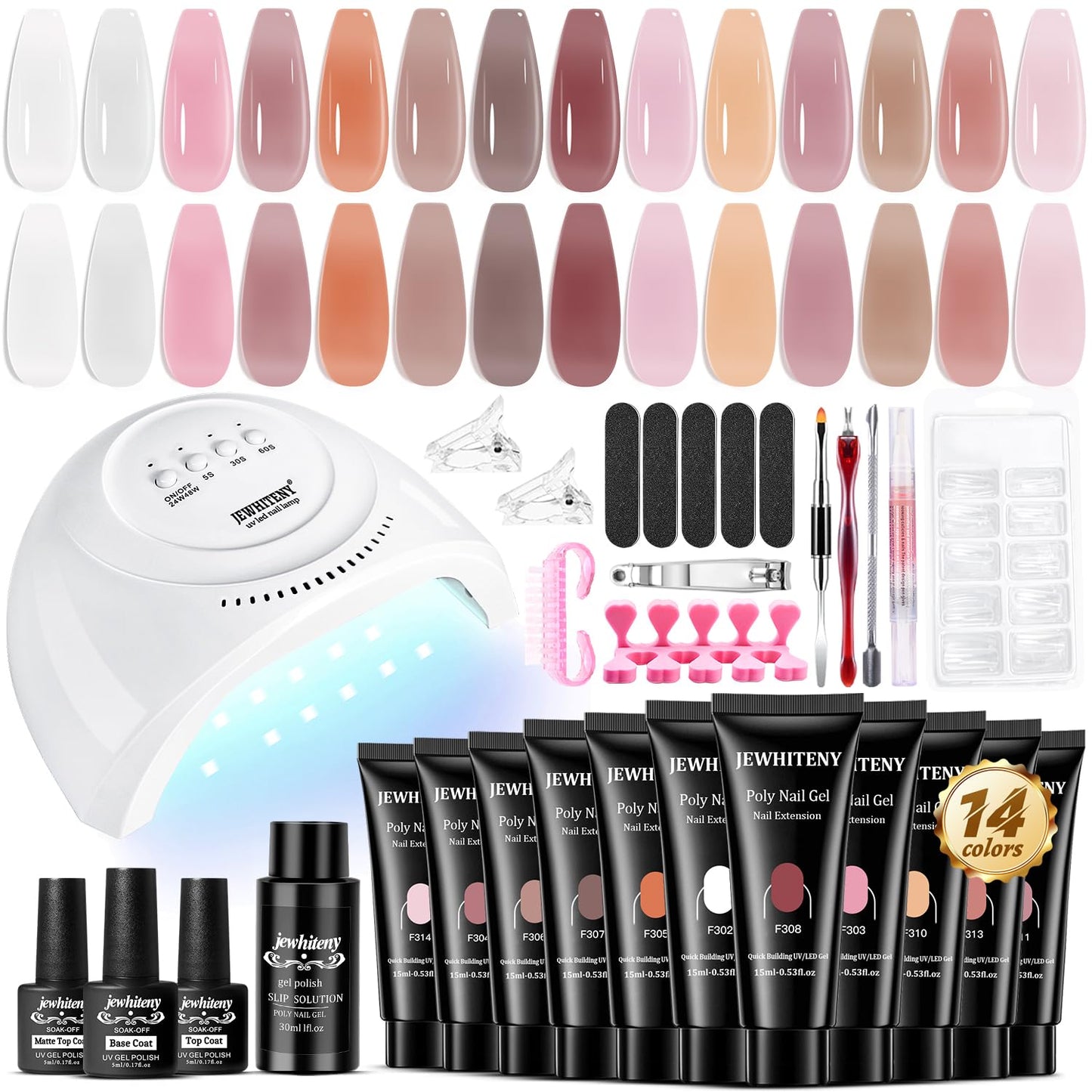 JEWHITENY Poly Extension Gel Kit With 48W LED Nail Lamp 14 Colors Builder Extension Gel All-in-One French Kit Nail Art Design Beginner Kit