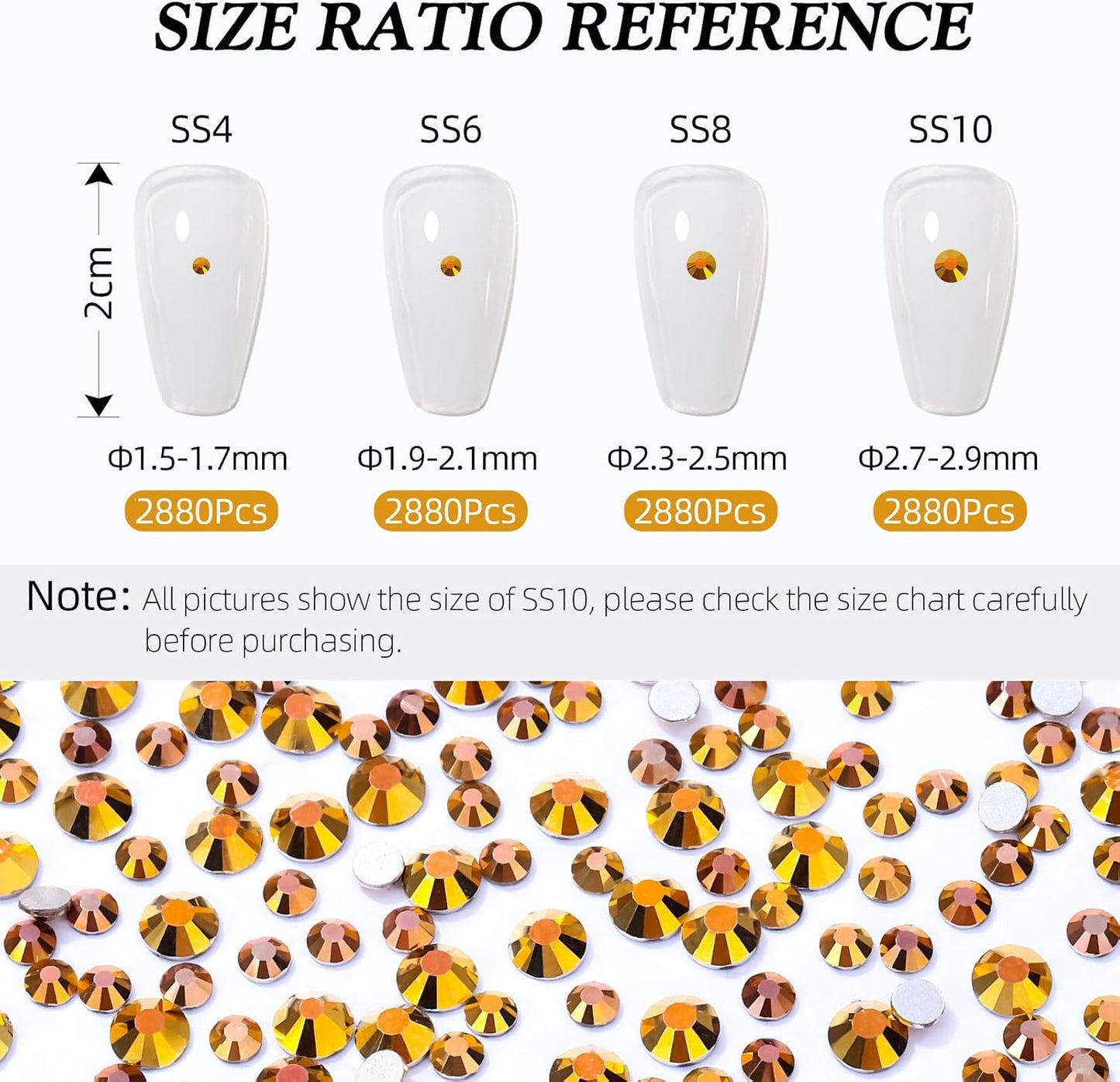 Gold Flatback Rhinestones, Glass Rhinestones for Nail Art and Craft, Glue Fix, Loose Crystal Gemstones(Gold, SS4, 2880pcs, 1.5-1.7mm)