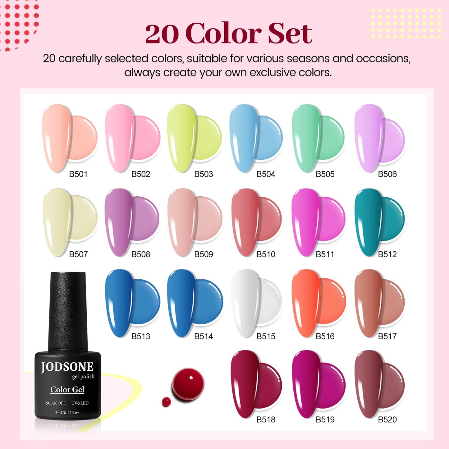 JODSONE 23 PCS Gel Polish Kit Colorful Fashion Classic Nail Gel Set 3 Bottles of Base Coat Matte and Glossy Top Coat