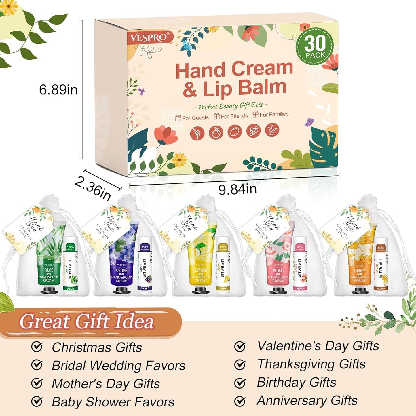 30 Sets Bulk Hand Lotion and Bulk Lip Balm Gifts, Bridal Shower Favors, Bridesmaid Gifts and Wedding Favors for Guests with Thank You Card and Organza Bags, Employee Appreciation Gifts, Birthday Gifts