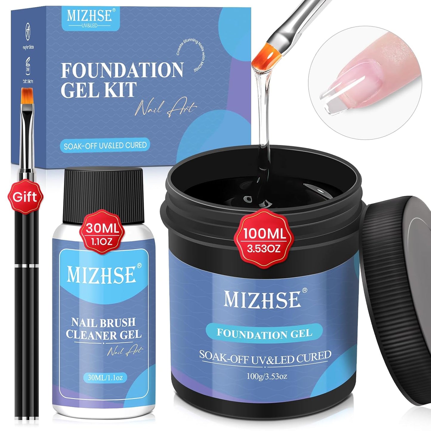 MIZHSE 100ML Base Coat for Gel Nail Polish, Super Large Capacity Base Coat Upgraded Formula Long-Lasting with Brush and Brush Cleaner Soak Off Nail Salon Home DIY