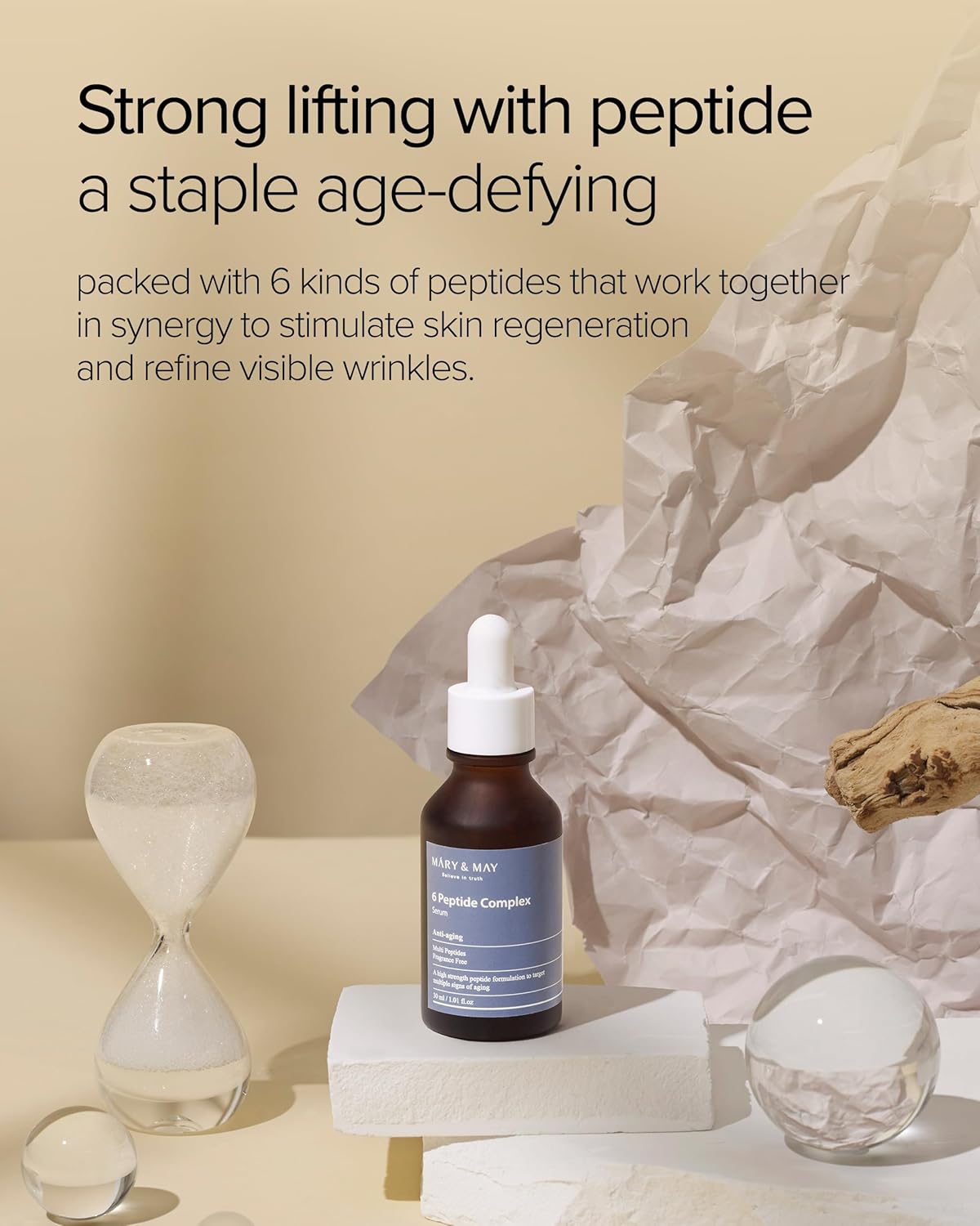 Mary&May 6 Peptide Complex Serum - Advanced Wrinkle Improvement with Firming and Lifting Effects - Korean Skincare - Fragrance Free, Hypoallergenic, Quick Absorbing, 1.01oz.