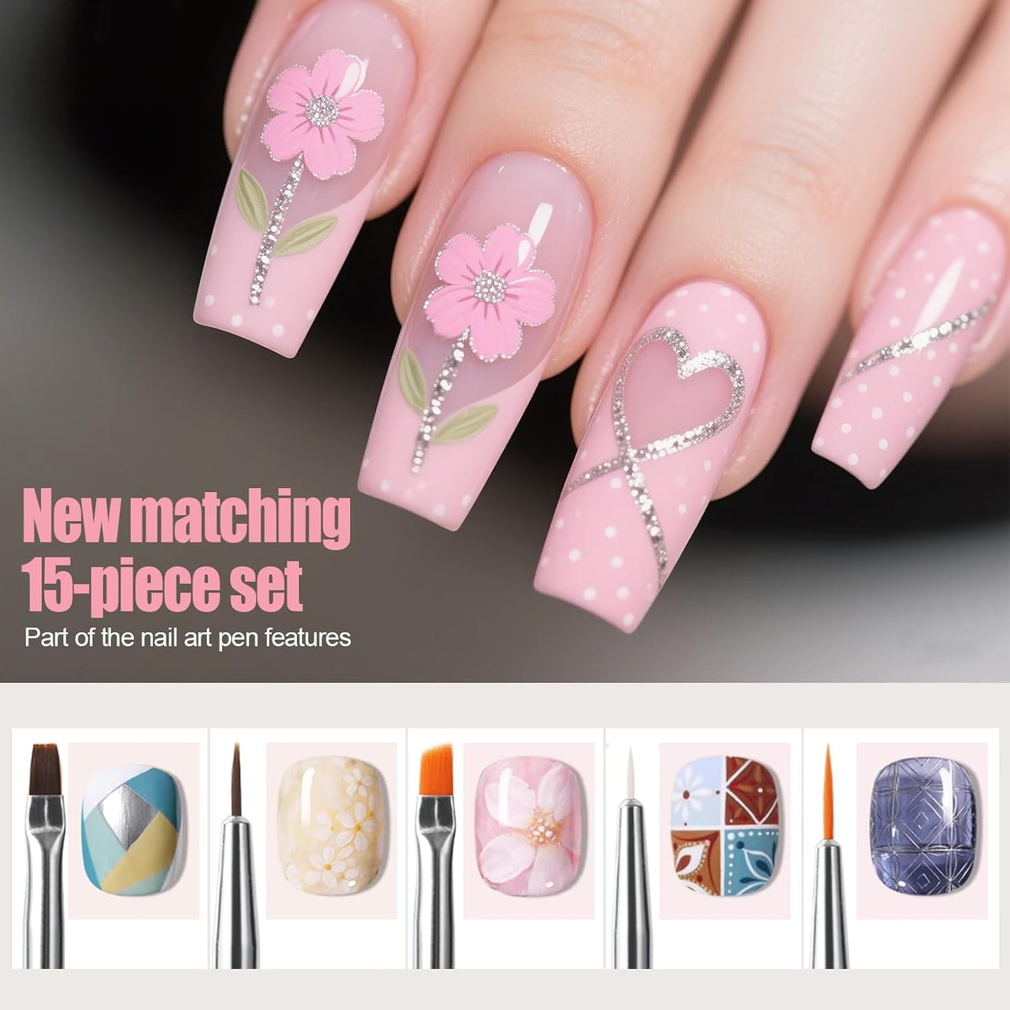 Artdone 15pcs Pink Nail Art Brushes, Nail Art Tool Set, Dotting Tools, Dust Brush,Striping Brushes for Long Lines, Drawing Pen For Gel Polish Design supply