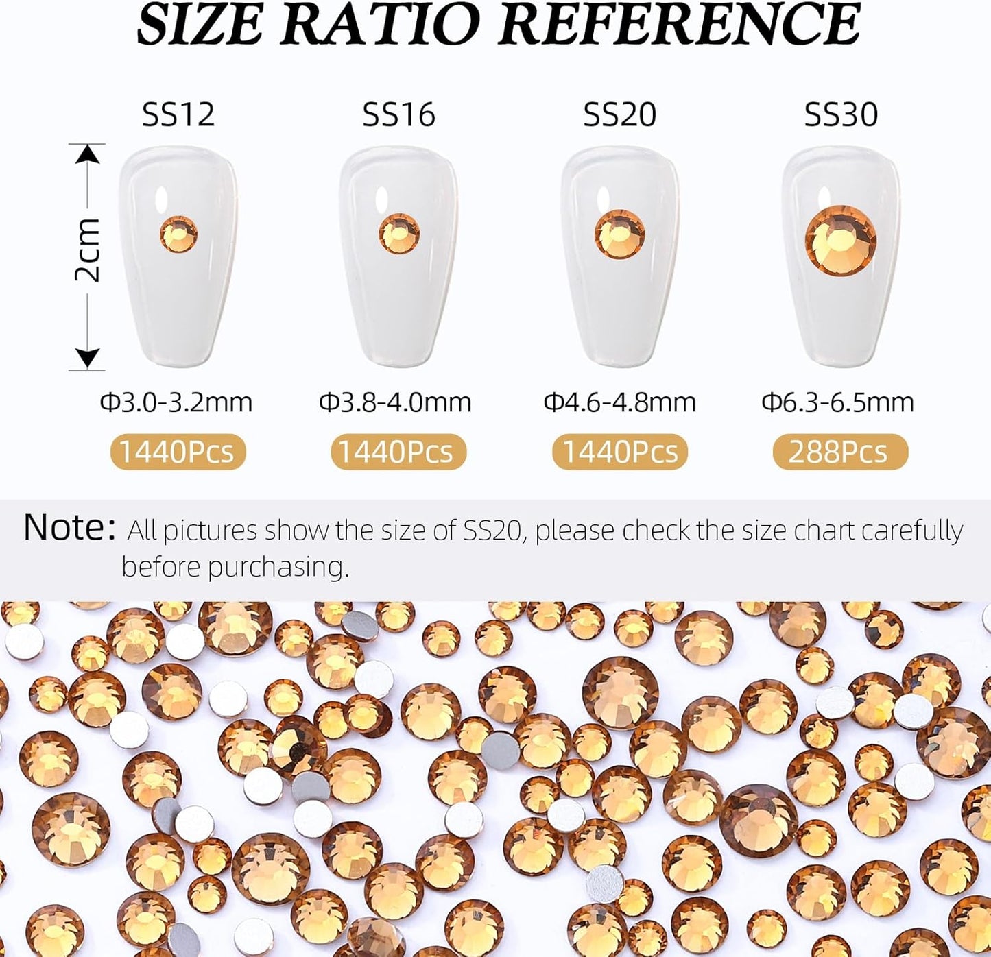 Topaz Flatback Rhinestones, Glass Rhinestones for Nail Art and Craft, Glue Fix, Loose Crystal Gemstones(Topaz, SS20, 1440pcs, 4.6-4.8mm)