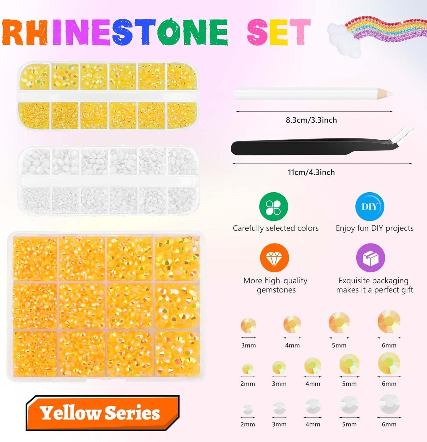 Morcheiong 17000Pcs Resin Rhinestones Yellow Flatback Crystals Diamond Includes Tweezers and Pickup Pen Suitable for Crafting DIY Nail Art Makeup Wedding Dress Clothing Mug
