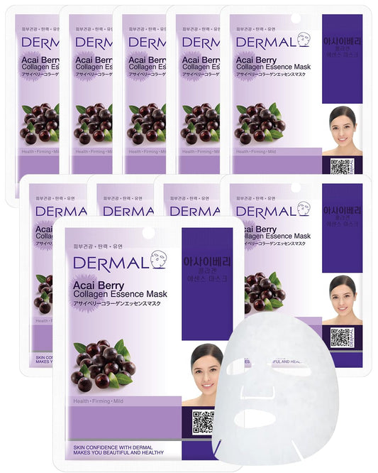 DERMAL Acai Berry Collagen Essence Facial Mask Sheet 23g Pack of 10 - Moisturizing & Firming Keeps Skin Healthy and Clean, Daily Skin Treatment Solution Sheet Mask