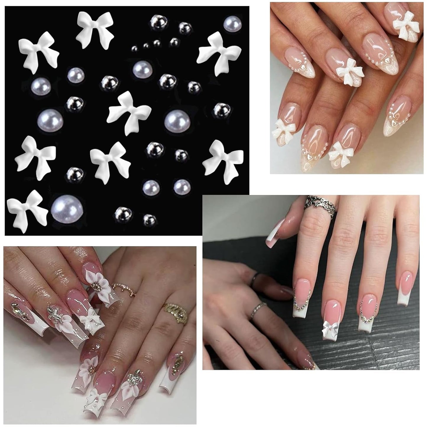 Nail Charms & Pearls - Bow-Knot Nail Accessories in Silver & White, Half Round Beads, Luxurious Design - DIY Crafts