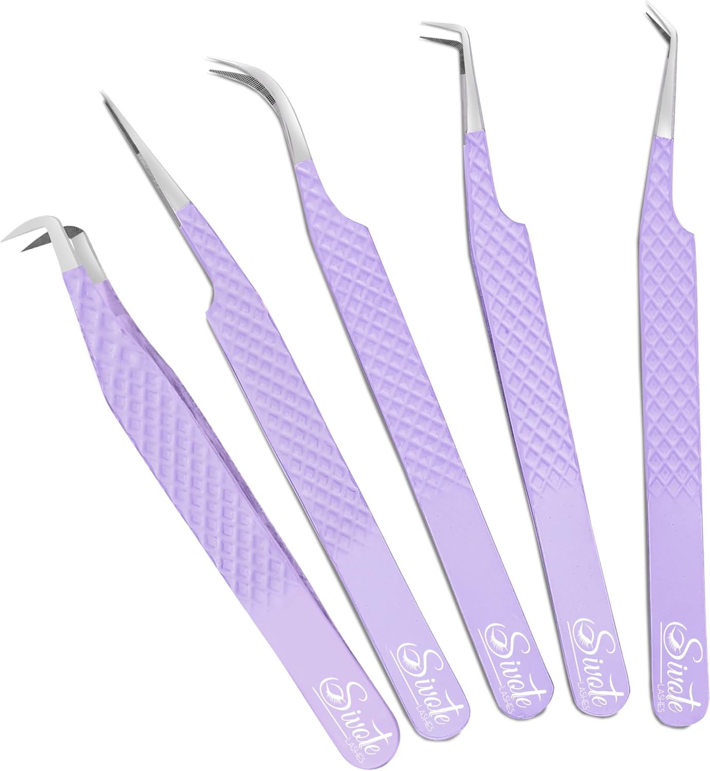 SIVOTE Lash Tweezers for Eyelash Extensions, Pack of 5 Purple – Lash Extension Tweezers Set with Diamond Grip, Precision Fiber Tip for Volume Eyelash Extensions