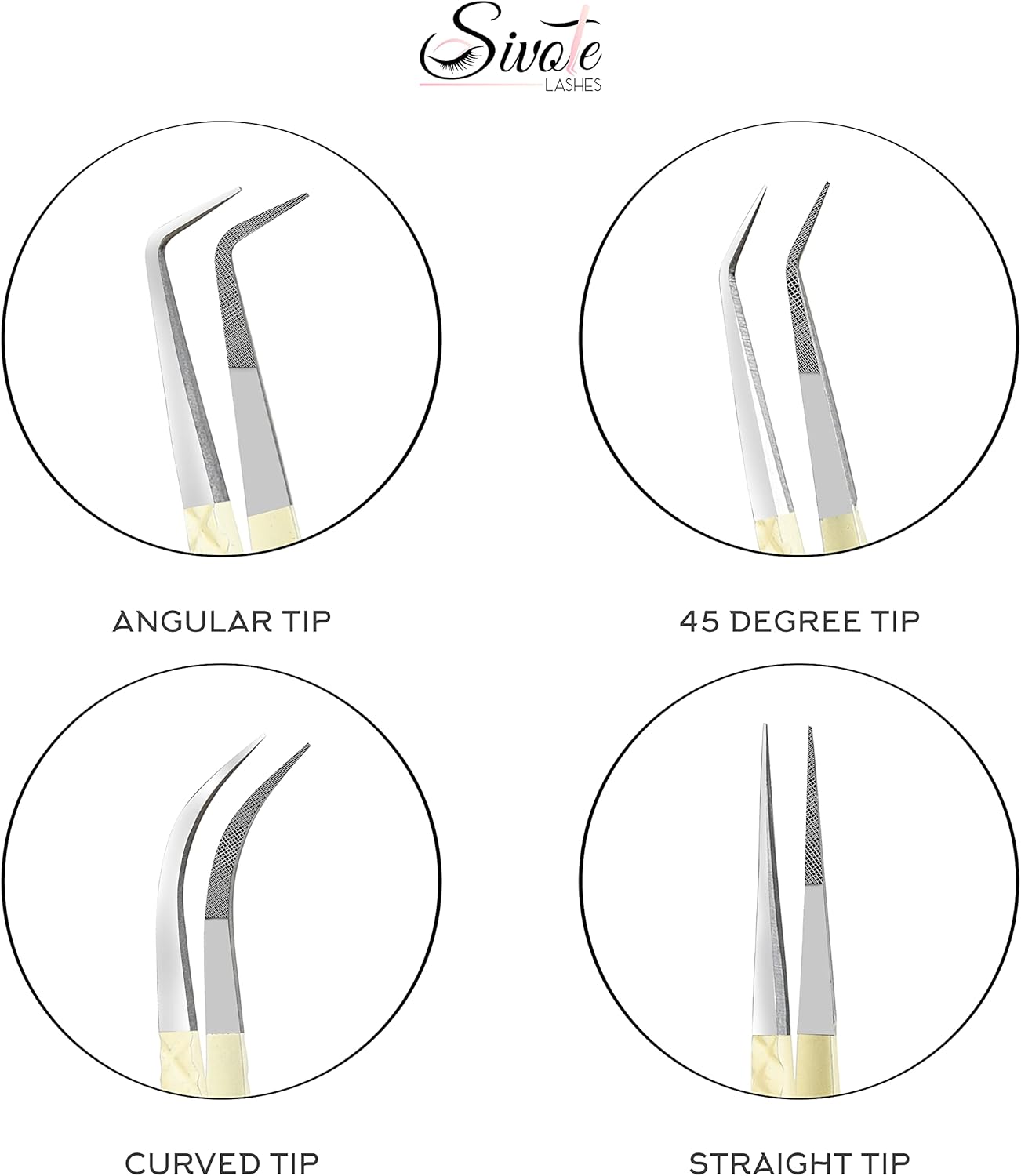 SIVOTE Fiber Tips Lash Tweezers for Eyelash Extensions, Set of 4, Curved, Dolphin, 90 Degree & 45 Degree Tweezer, Vanilla