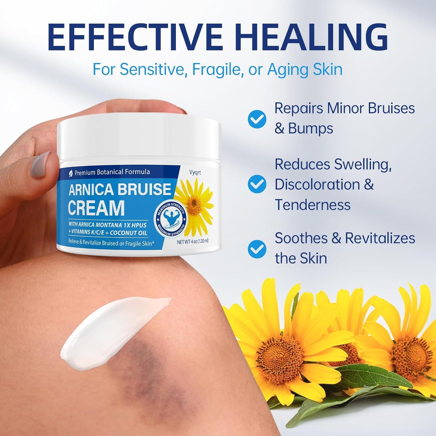Arnica Bruise Cream Extra Strength-Fast Healing for Bruising & Swelling on Thin Skin, Arnica Gel with Vitamins K, C & E for Hydrating, Natural Pain Cream for Face & Body, 4 oz