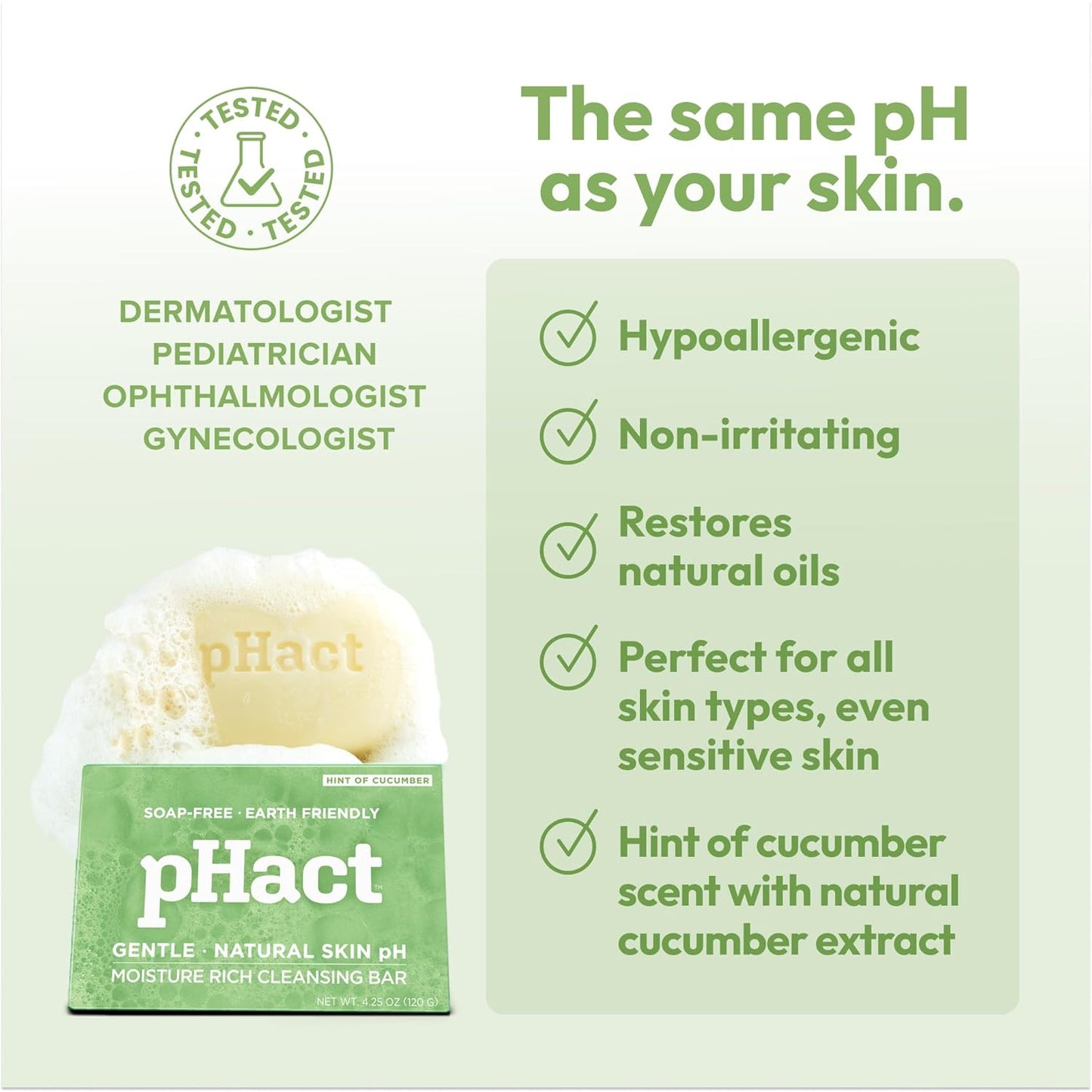 ANDREW LESSMAN pHact Moisture-Rich, Soap-Free Cleansing Bar Cucumber. Natural Skin pH. All Skin Types - Even Sensitive Skin. Hypoallergenic. Dermatologist Tested. 6 - Pack 4.25 oz each