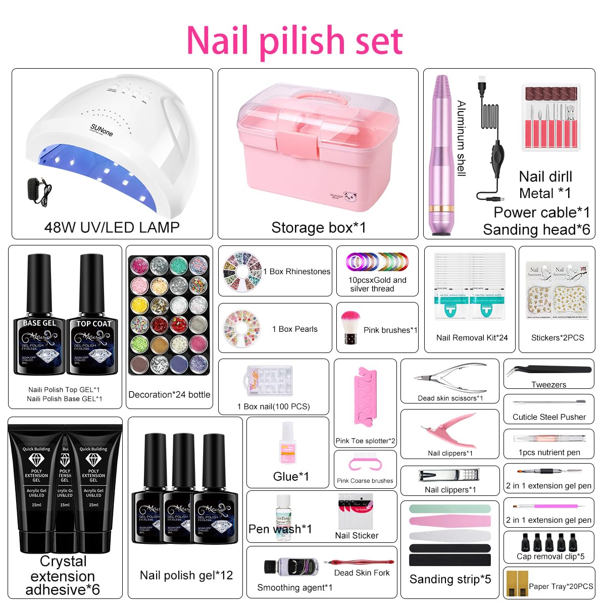 Gel Nail Polish Kit for Women with 6 Colors Extension Poly Nail Gel set, 48W UV Lamp, 12pcs nail polish set with Base Coat and Top coat,Professional Manicure Tool for Home DIY Salon
