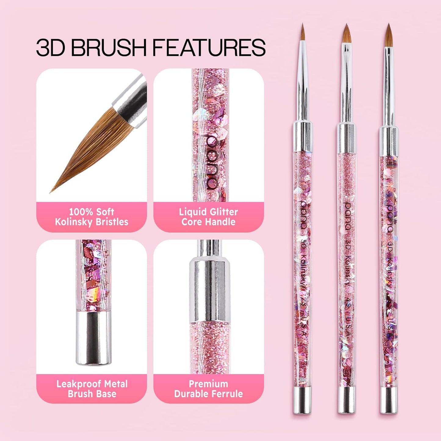 PANA 3D Kolinsky Nail Art Brush - Pink Glitter Handle, Size 4 - Acrylic Nail Art Sculpture Brush for Manicures Pedicure Salon Professional or Beginner