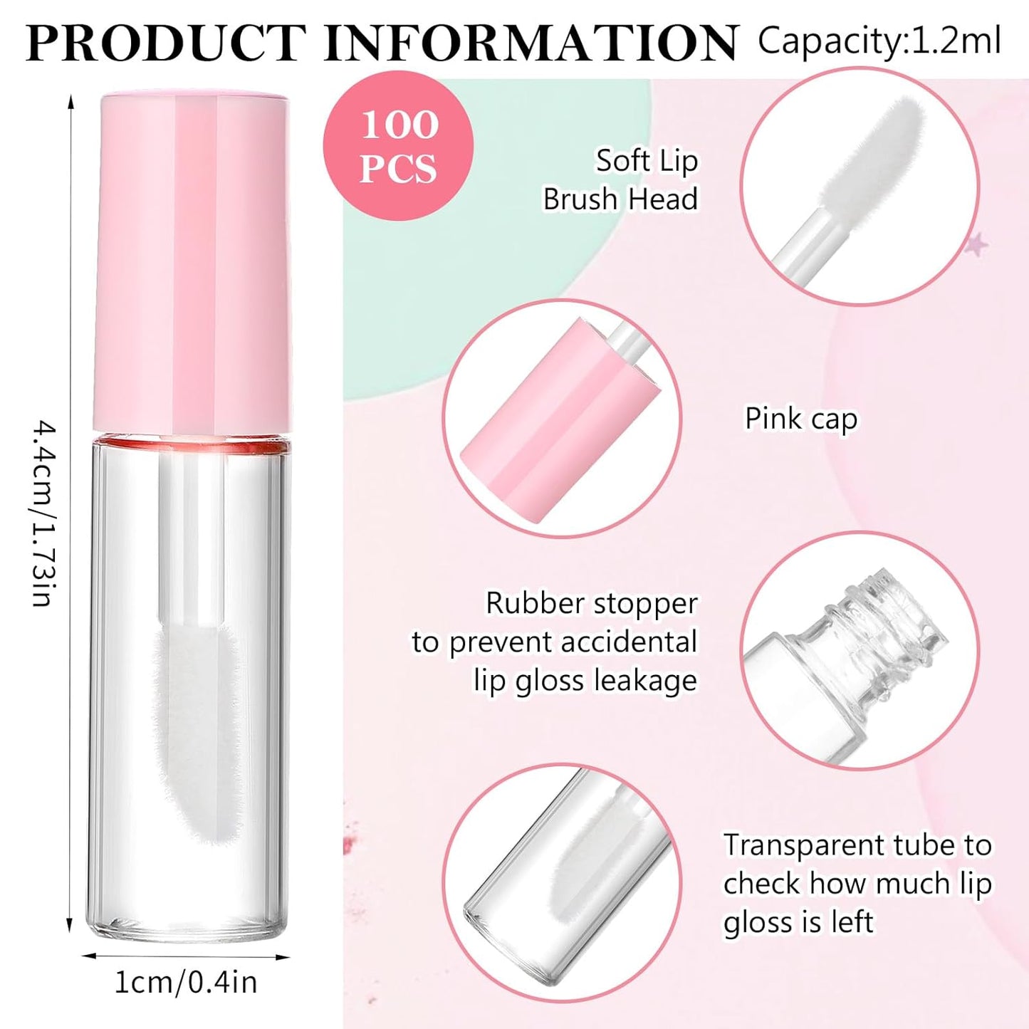 100 Pcs 1.2 ml Mini Lip Gloss Tubes Empty Lipgloss Tubes with Wand Clear Refillable Lip Balm Gloss Containers Lips Glosss Bottles for DIY Lipstick Samples Lips Balms Lipgloss Making(Pink)