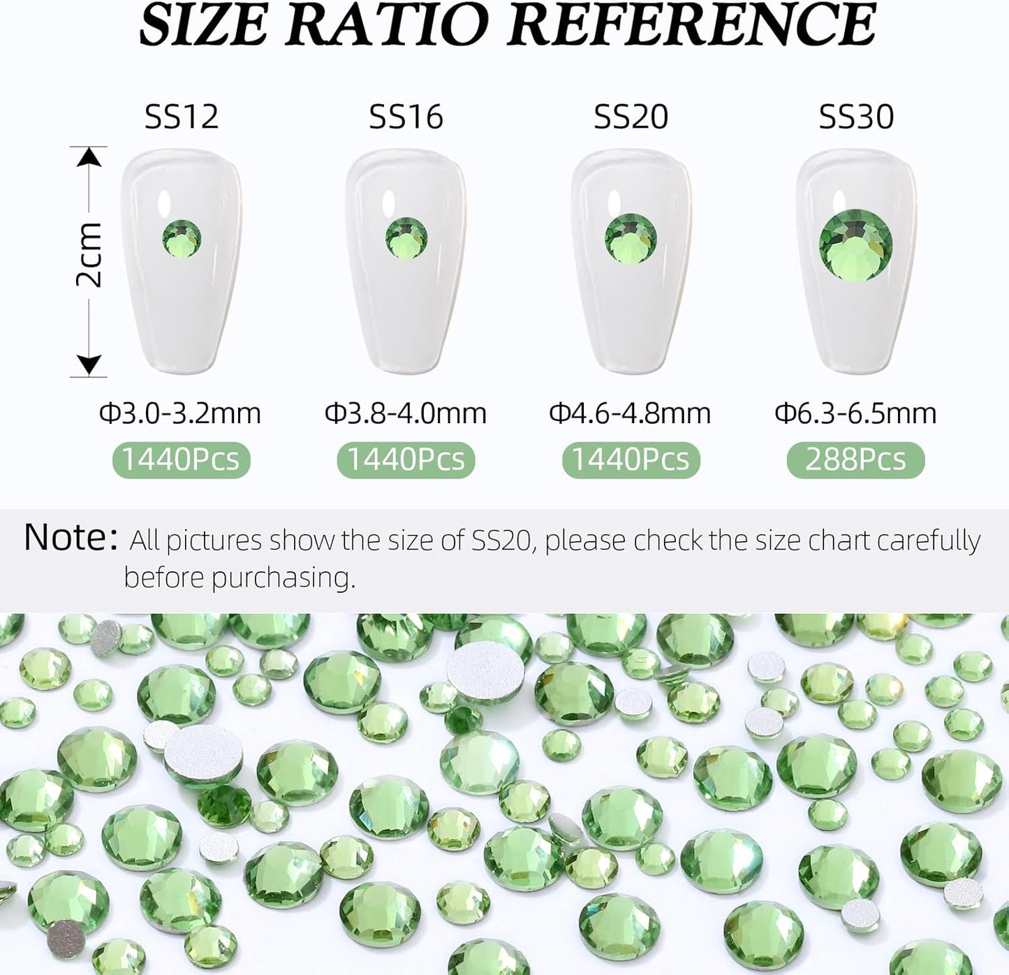 Light Green Flatback Rhinestones, Glass Rhinestones for Nail Art and Craft, Glue Fix, Loose Crystal Gemstones(Lt.Green, SS30, 288pcs, 6.4-6.6mm)