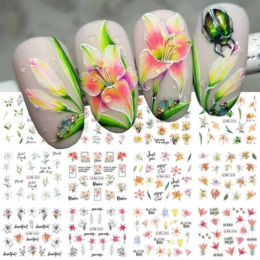 12 Designs Flower Nail Art Stickers - Lily Acrylic Decals for Spring Summer Decorations - Colorful Assorted Floral Water Transfer Slider Foil Sticker for Women