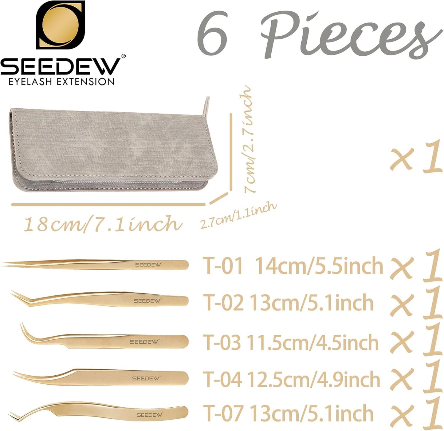 Lash Tweezers Set, 5 Stainless Steel Golden Tweezers + 1 Storage Bag, Isolation Pointy Tweezers for Eyelash Extension Beginner Lash Tech Beauty Eyelash Nail Salon Perfect Precision Repair(Gray)
