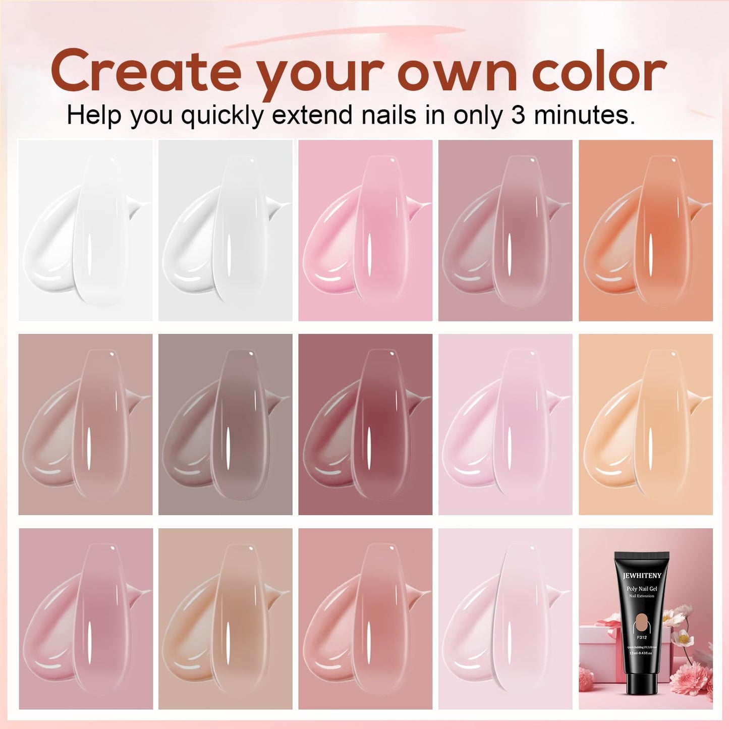 JEWHITENY Poly Extension Gel Kit With 48W LED Nail Lamp 14 Colors Builder Extension Gel All-in-One French Kit Nail Art Design Beginner Kit