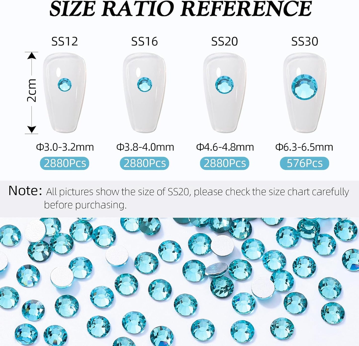 Aquamarine Flatback Rhinestones, Glass Rhinestones for Nail Art and Craft, Glue Fix, Loose Crystal Gemstones(Aquamarine, SS12, 2880pcs, 2.9-3.0mm)