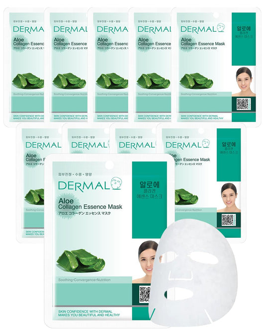 DERMAL Aloe Collagen Essence Facial Mask Sheet 23g Pack of 10 - Skin Revitalizing & Soothing, Refreshing and Moisturizing, Sunburn Relief, Daily Skin Treatment Solution Sheet Mask