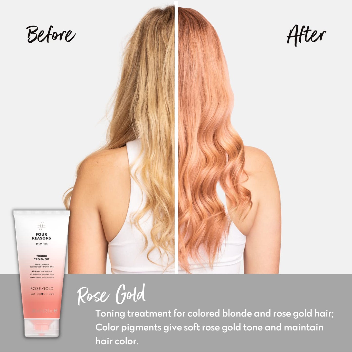 Four Reasons Color Mask - Rose Gold - (19 Colors) Toning Treatment, Color Depositing Conditioner, Tone & Enhance Color-Treated Hair - Semi Permanent Hair Dye, Vegan and Cruelty-Free, 6.76 fl oz