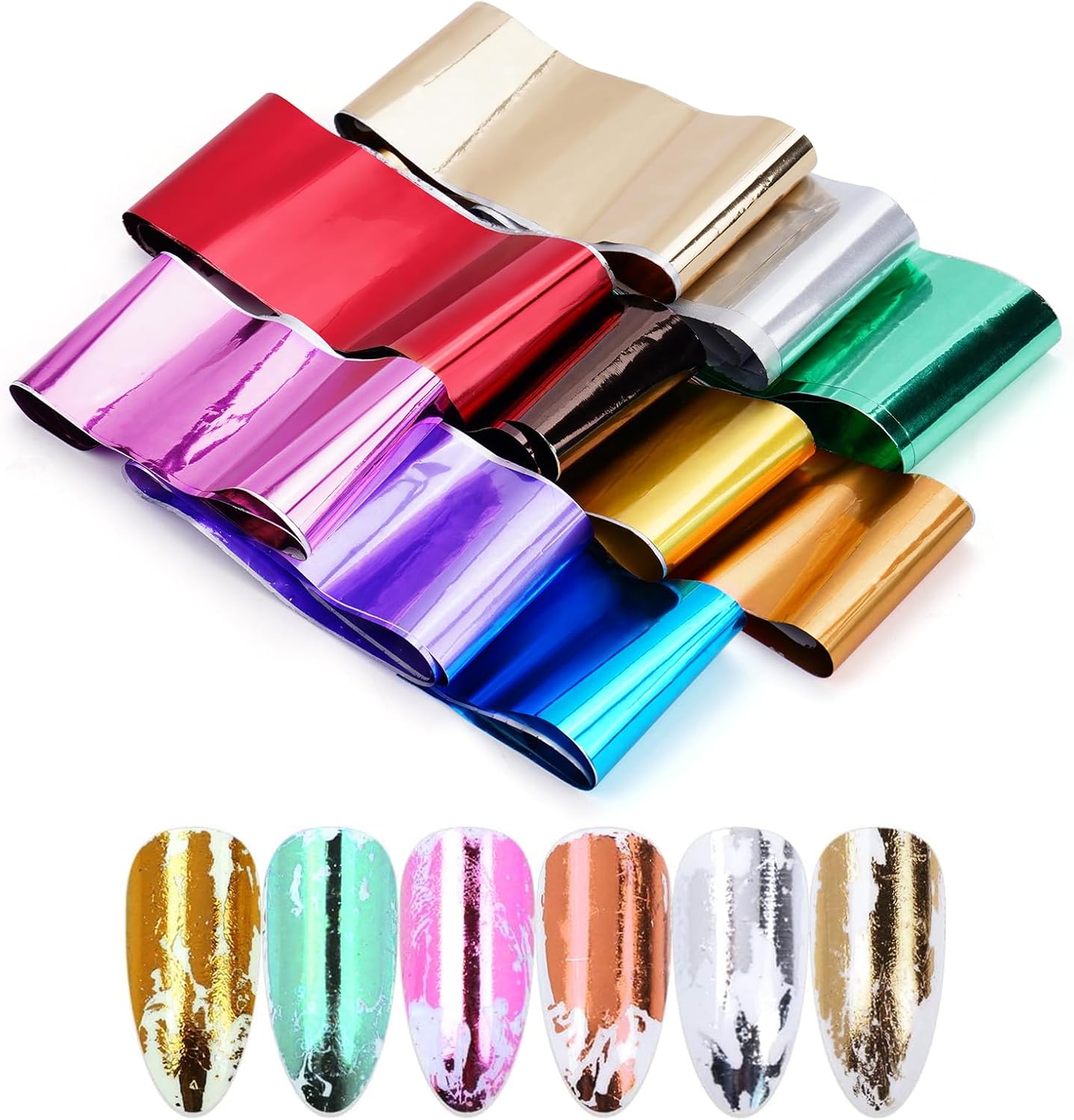 10 Sheets Holographic Nail Art Foil Transfer Stickers - Metallic Color Print Nail Decals 3D Self-Adhesive Stickers DIY Manicure Decoration Kit