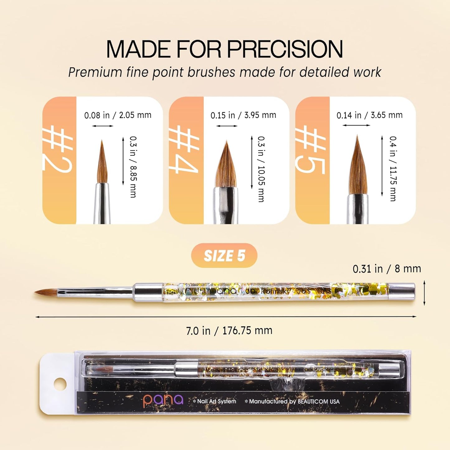 PANA Kolinsky 3D Acrylic Nail Brushes with Liquid Glitter Handle - For Professional Acrylic Powder Liquid Manicure Pedicure (Gold Color, Size #5)