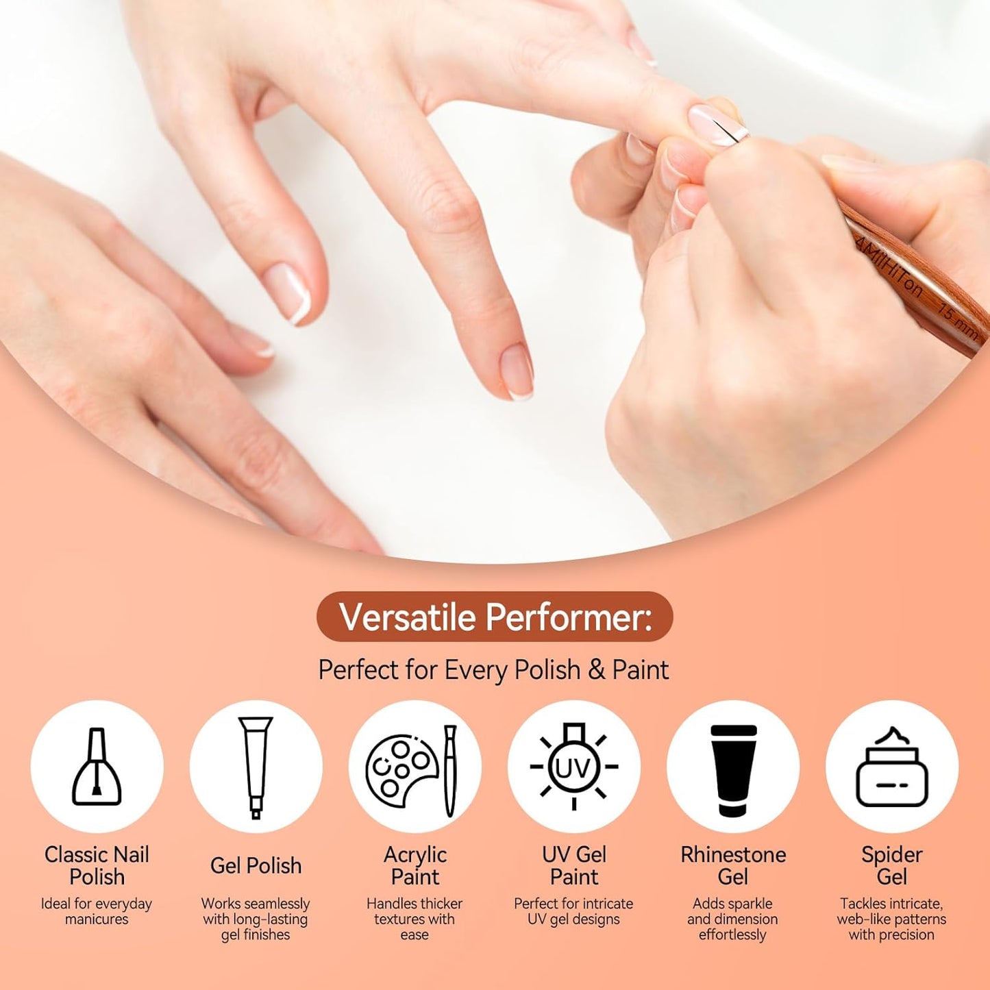 Nail Art Liner Brushes, 5Pcs Wooden Nail Brushes for Fine Drawing & Detailed Nail Art, Gel Polish Painting Tools for Long Lines & Nail Design Sizes 5/8/12/15/20mm（Wood color）