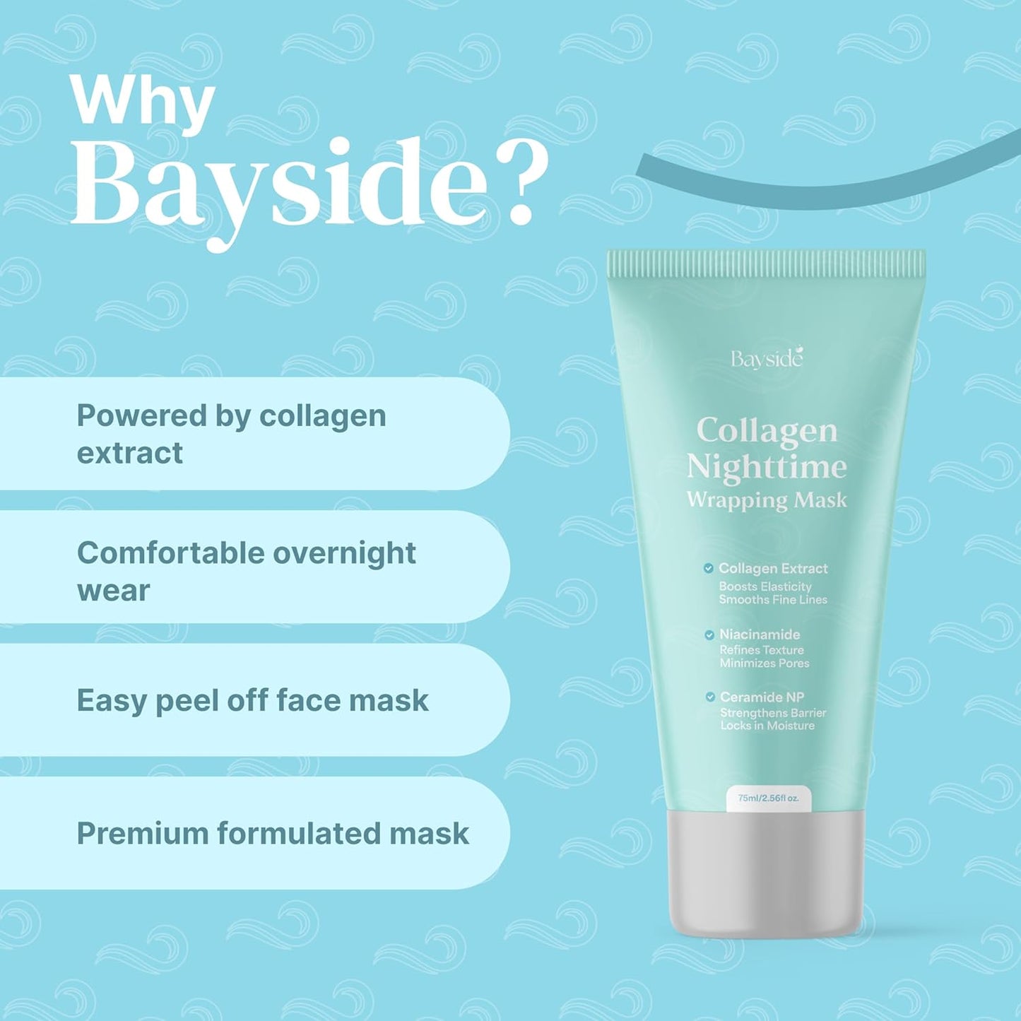 Bayside Collagen Nighttime Wrapping Mask | Overnight Face Mask with Collagen, Niacinamide & Ceramide NP | Hydrating Peel Off Face Mask for Firm, Smooth & Radiant Skin | Facial Skincare for Women, 75ml