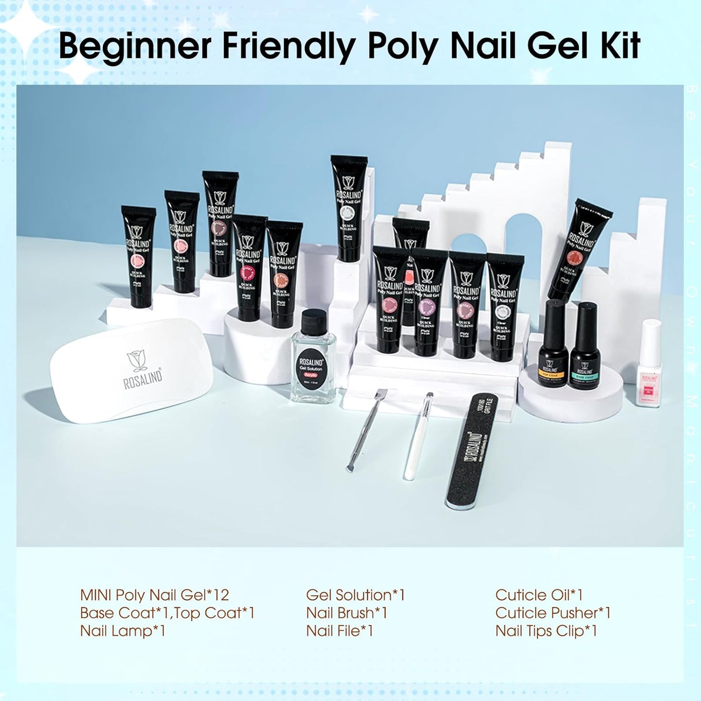 ROSALIND Pink Poly Nail Gel Kit -12 Colors + Nail Art Accessories Kit Poly Nails Gel Starter Kit with Slip Solution All Seasons Classic Colors Nails Extensions Set with Mini UV Lamp