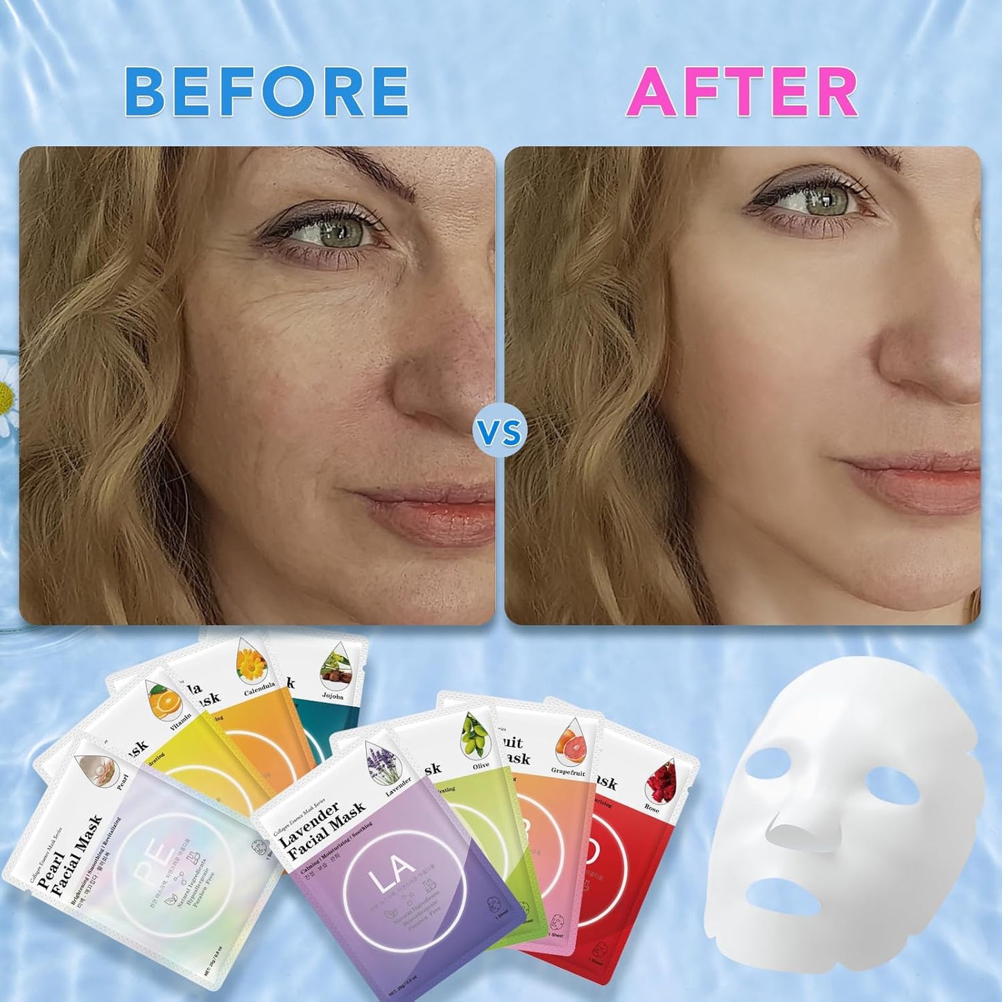 VESPRO Collagen Essence Sheet Facial Masks (48 Pack), Bulk Sheet Masks for Face, Skincare for All Skin Types, Moisturizing and Soothing, Natural Skin Care Spa Face Mask