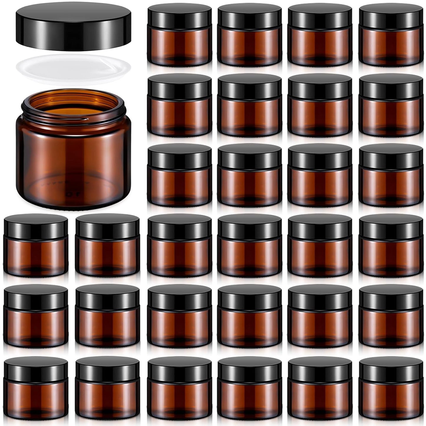 Domensi 32 Pcs 2 oz Glass Jars with Lids Travel Size Round Leakproof Empty Cosmetic Jars with Inner Liners Lid for Storing Makeup Lotions Face Cream Ointments Candle DIY Making (Amber)