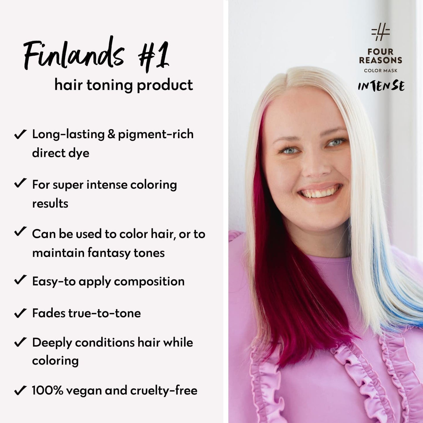 Four Reasons Color Mask INTENSE- Fuchsia – (27 Colors) Intensive Toning Treatment - Color Depositing Conditioner – Semi Permanent Hair Dye for Lightened and Colored Hair– 100% Vegan, 6.76 fl oz