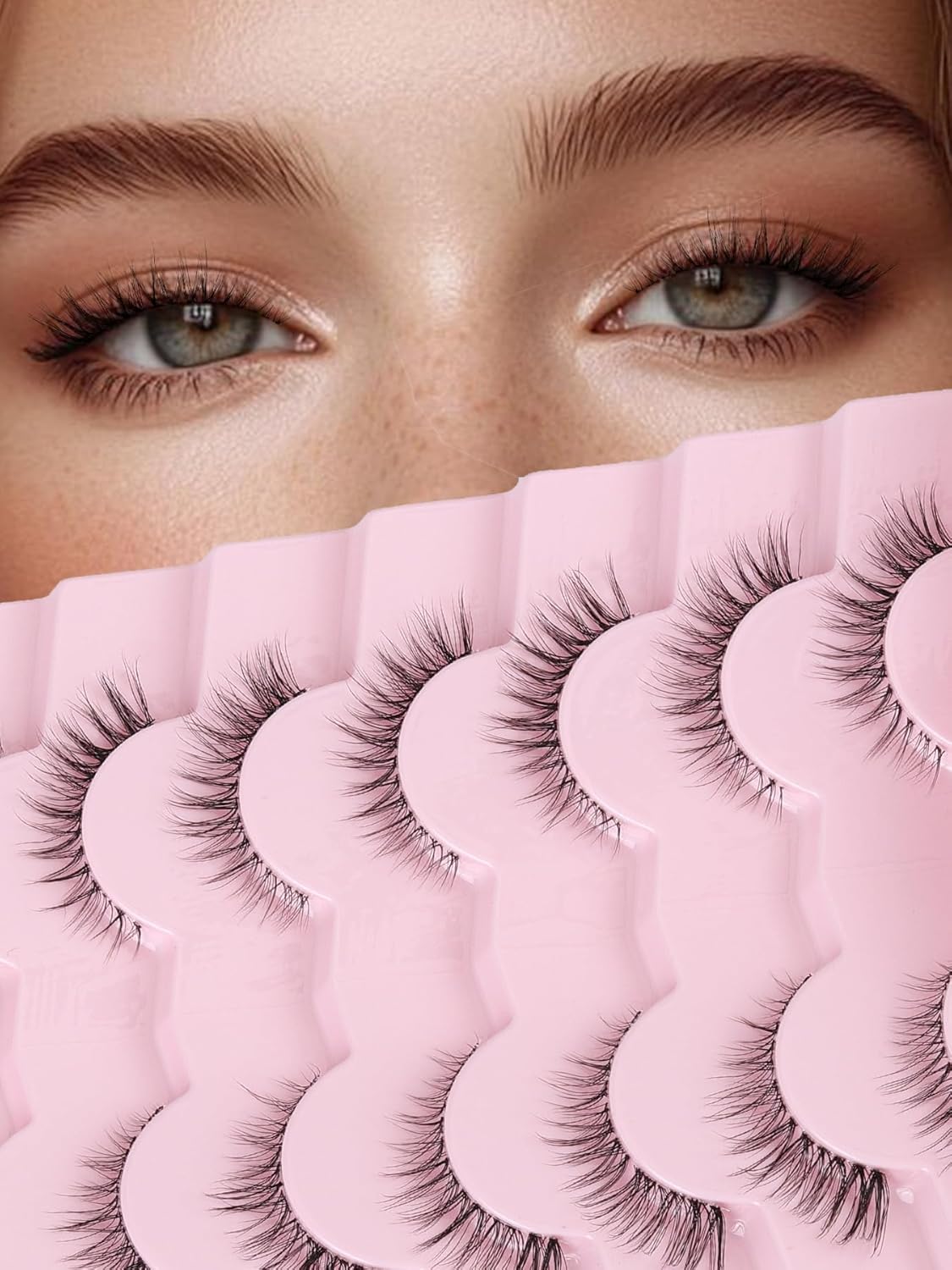 Cat Eyelashes Natural Eye Lashes 12mm False Lashes Wispy Thin Band 3D Volume Fake Eyelash C Curl Lash Pack Natural Look 7 Pair