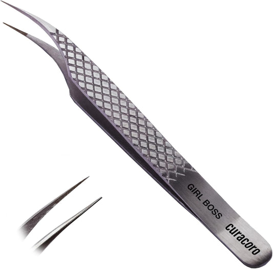 Curacoro Lash Tweezer - Professional & Precision Fiber Tip Grip Lash Tweezers for Eyelash Extensions, Multi Shapes & Purposes Tweezers for Volume, Isolation & Classic Lashes (Silver, Girl Boss)