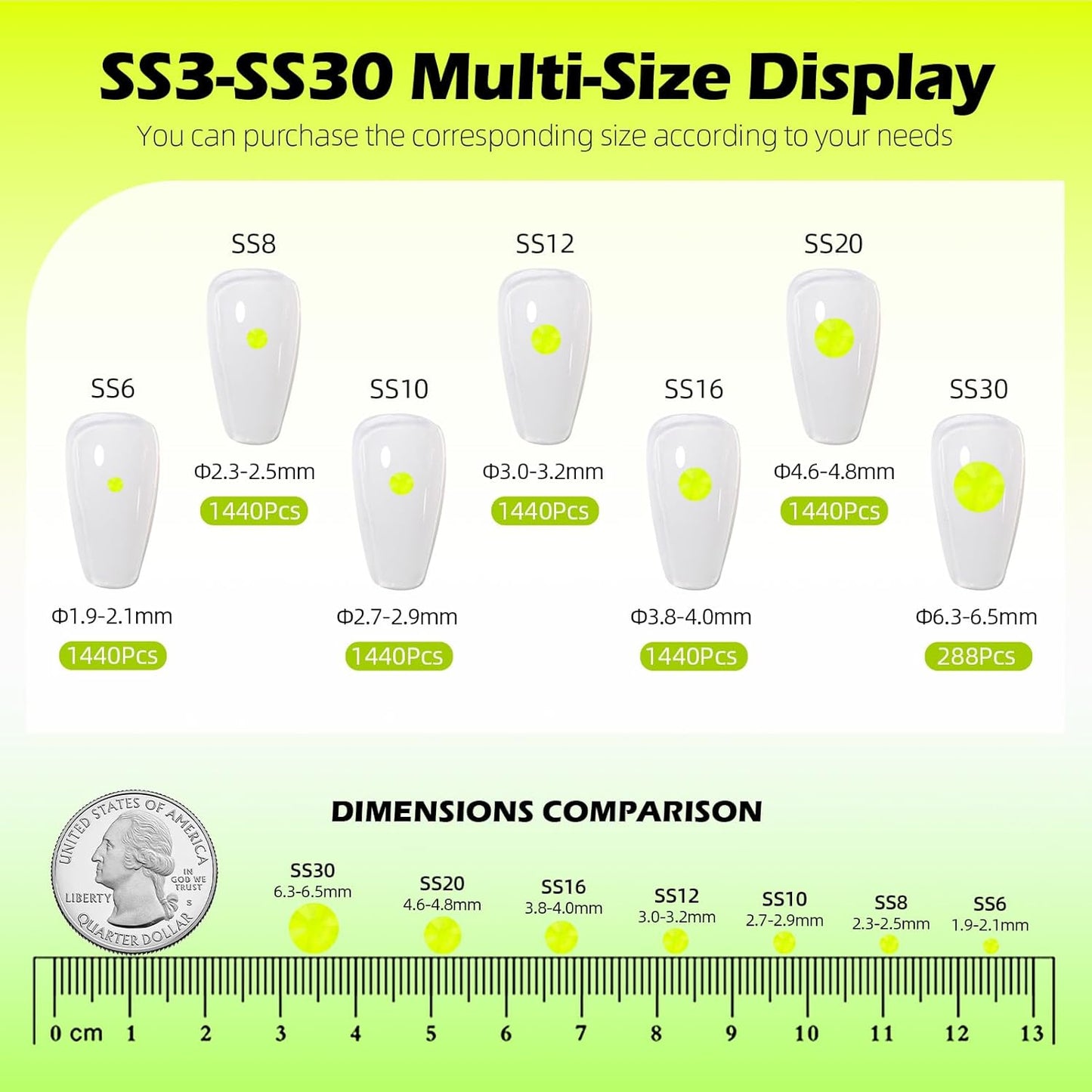 Neon Yellow Flatback Rhinestones, Glass Rhinestones for Nail Art and Craft, Glue Fix, Loose Crystal Gemstones(Neon Yellow, SS16, 1440pcs, 3.8-4.0mm)