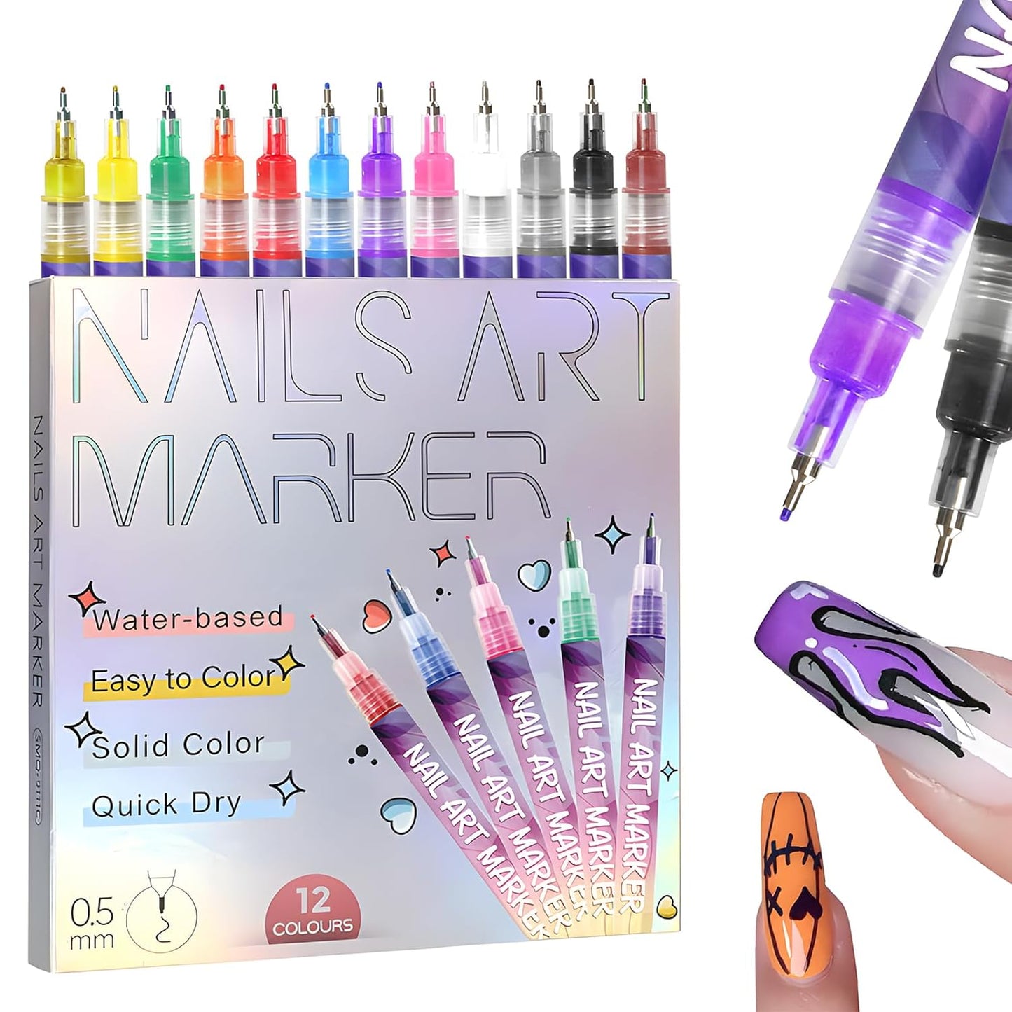 Fine Tips 3D Nail Art Pens, 12 Colors 0.5 MM Nail Marker Pens Nail Point Graffiti Dotting Drawing Painting Liner Pen for Home Salon Quickly Dry Nail Art