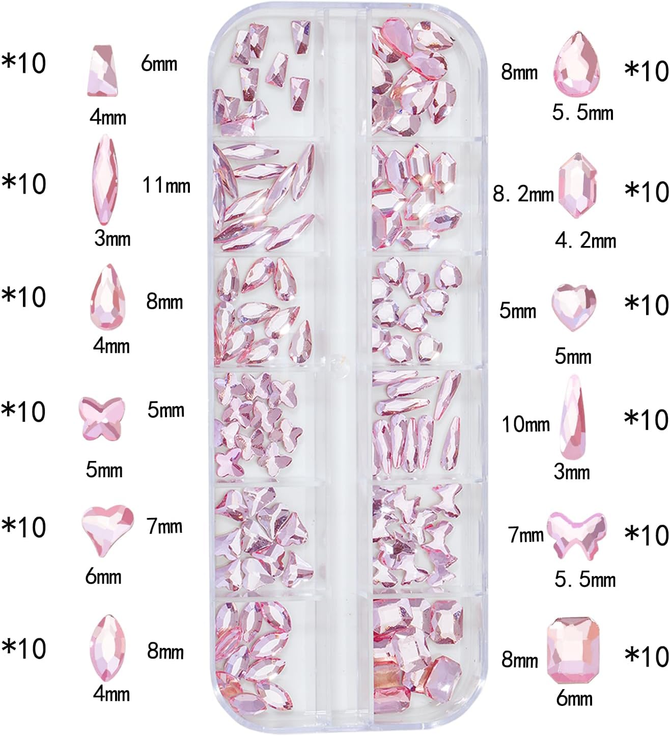 Nail Rhinestones - 3D Multi Shape Size, Flat Back, Manicure Rhinestones Charms, Crystal Pink Gems, with Kit, for Nail Art, Bedazzling Acrylic Nails, DIY Decor