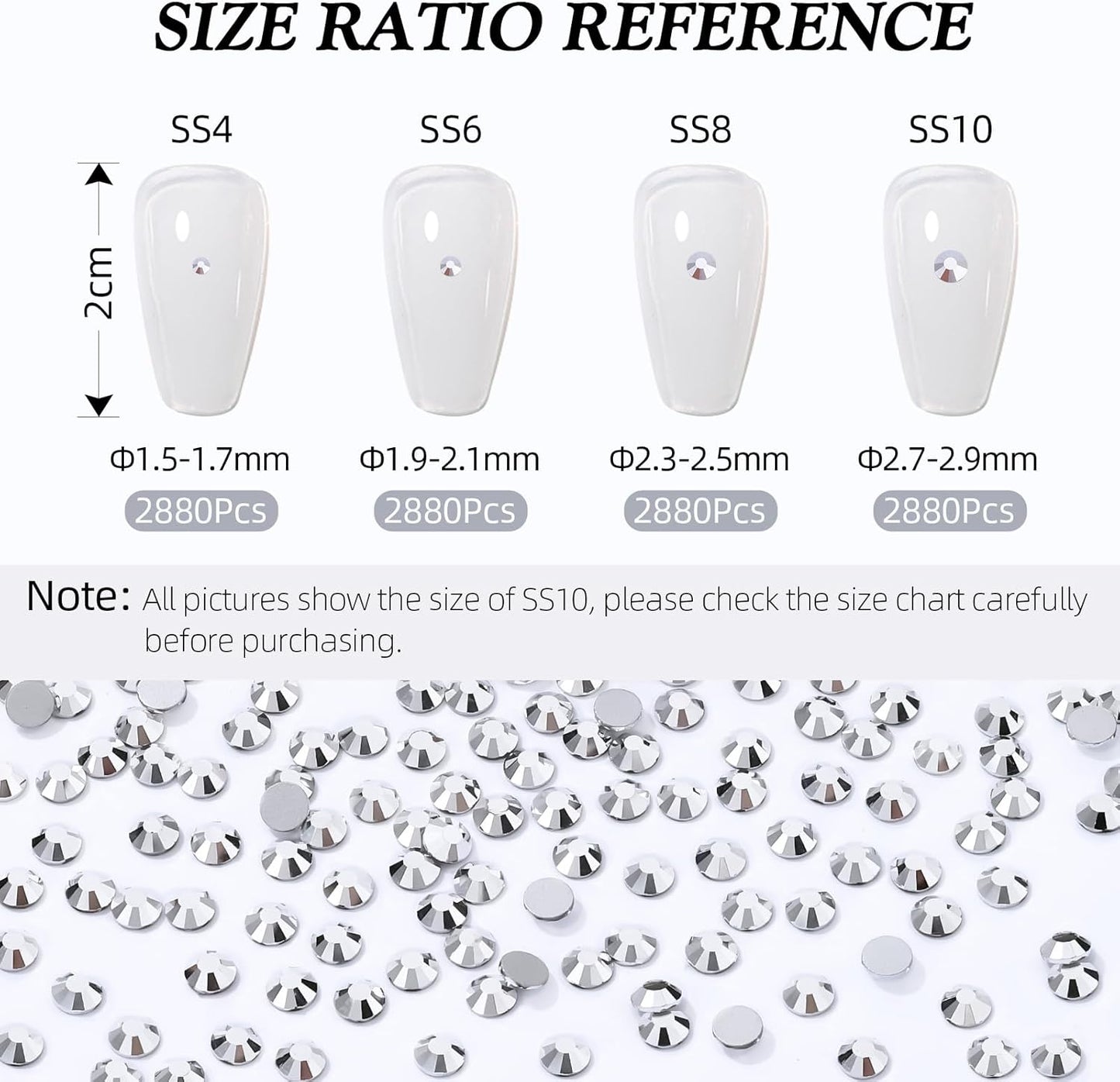 Silver Flatback Rhinestones, Glass Rhinestones for Nail Art and Craft, Glue Fix, Loose Crystal Gemstones(Silver, SS6, 2880pcs, 1.9-2.0mm)