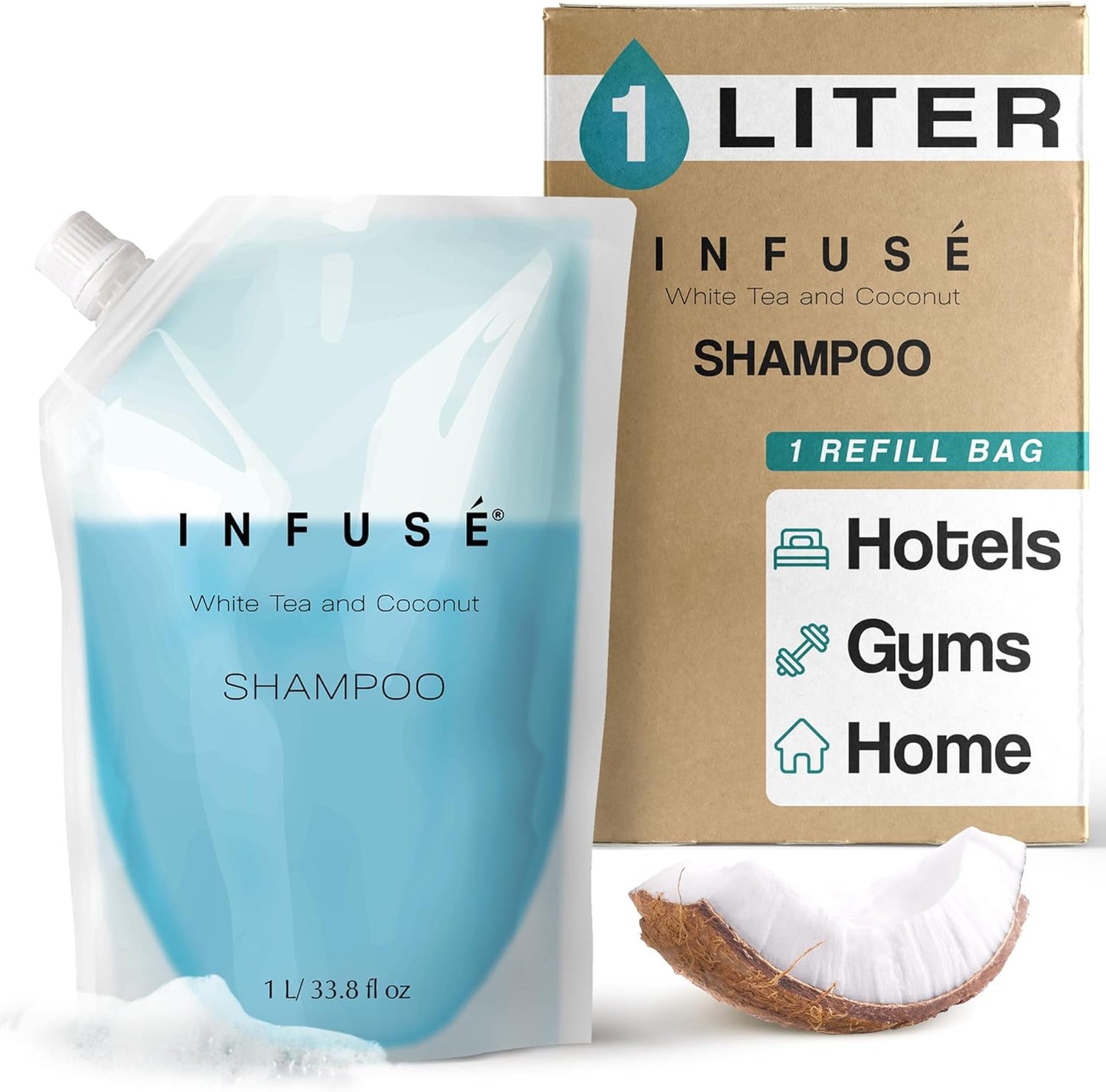 1 Liter Shampoo Refill Bag For Soap Dispensers | Bulk Toiletries for Vacation Rentals, and Home Bathroom Showers | White Tea and Coconut | Single